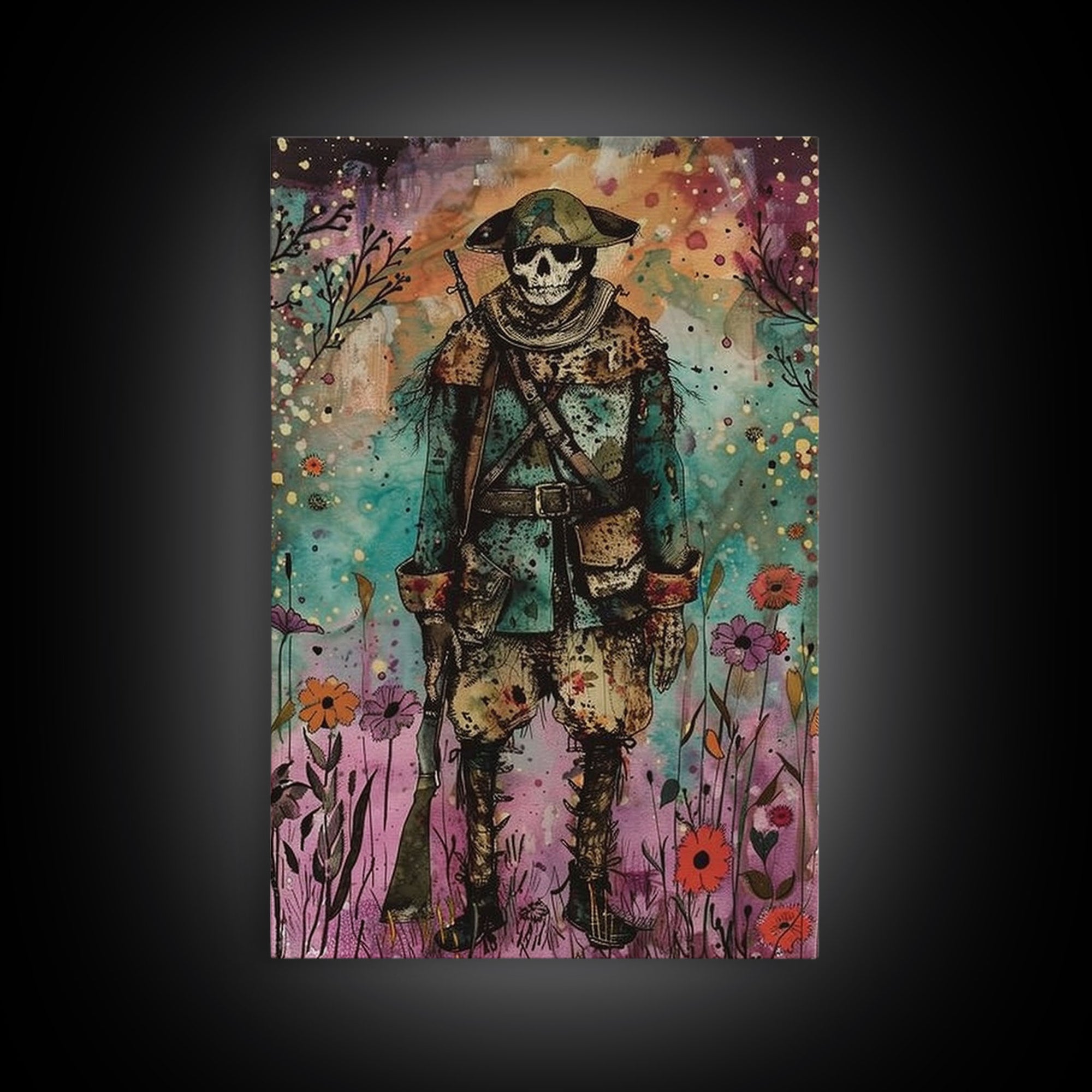 Skeleton Soldier Stands Amid Colorful Blooms, Blending Historical Charm and Spooky Halloween Style for Unique Wall Art