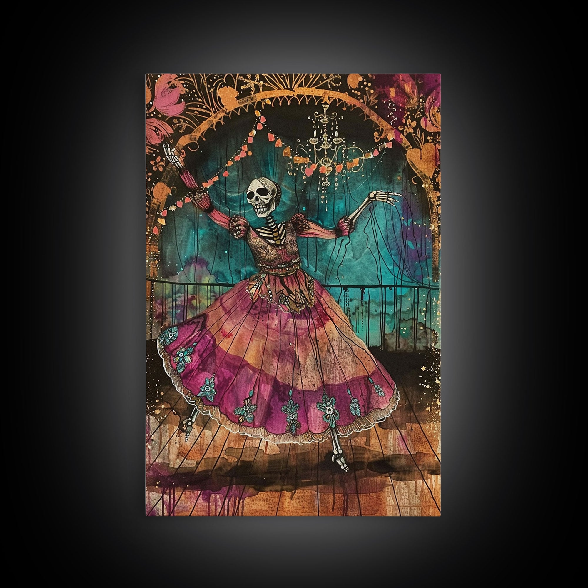 Skeleton Dancer in a Vibrant Dress Celebrates Halloween, Bringing Spooky Charm to Your Halloween Wall Art Collection