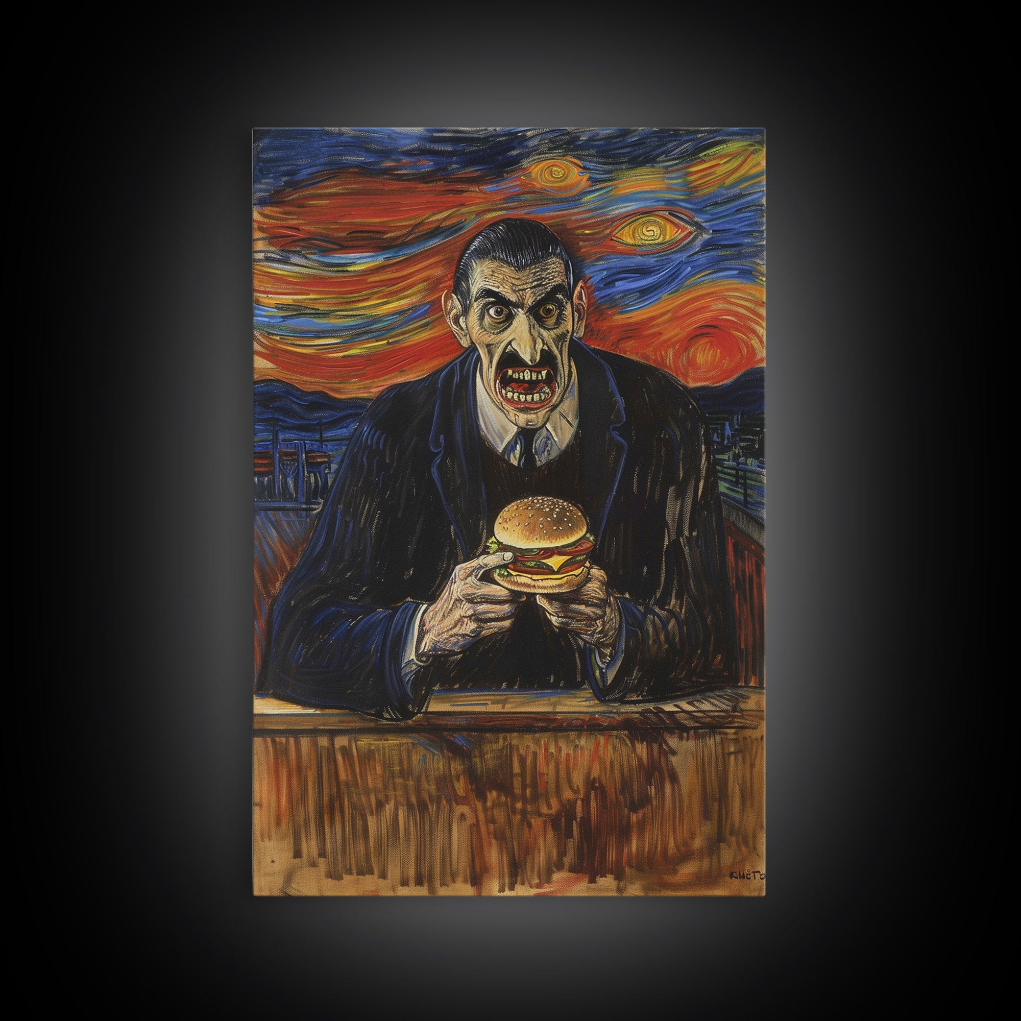 Spooky Artwork of a Man Eating a Hamburger, Inspired by the Scream, Ideal for Adding a Touch of Horror and Humor to Halloween Decor