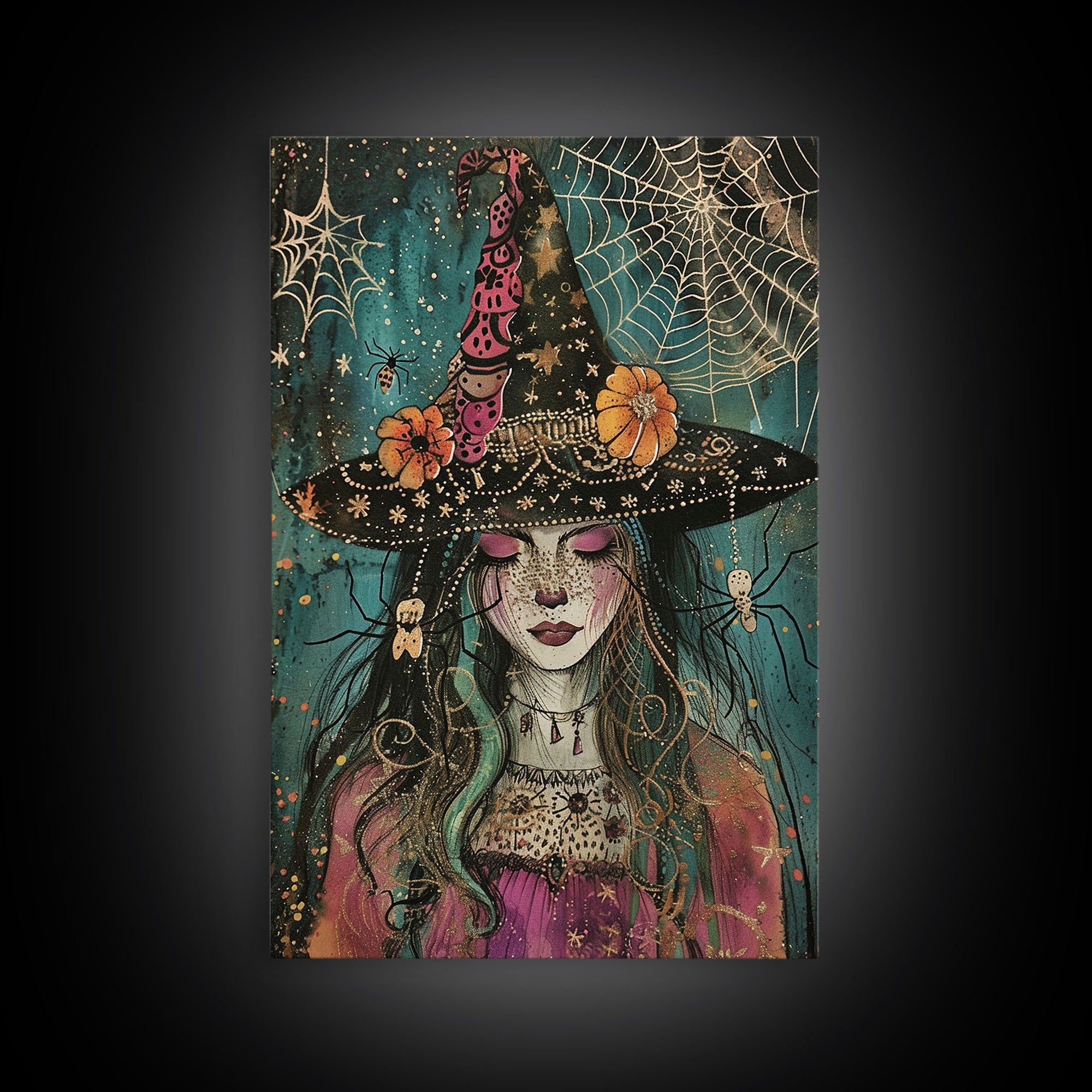 Spooky Halloween Witch Wall Art, Framed Canvas Prince, Halloween Decor, Halloween Gift Spooky Season, Cottage Core Witch and Spider Familiar