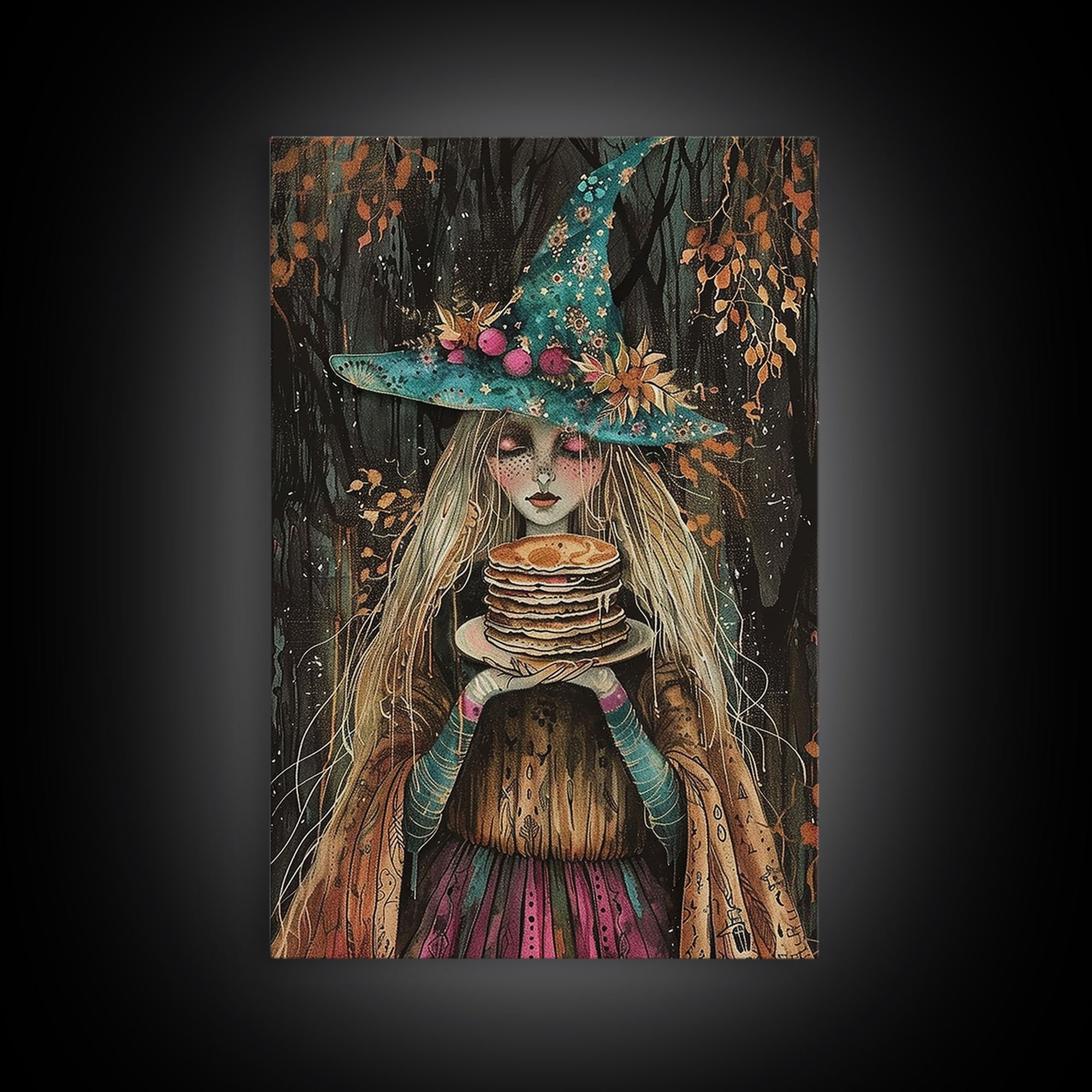 The Witch and Her Pancakes, Breakfast Witch, Framed Canvas Print, Funny Halloween Art