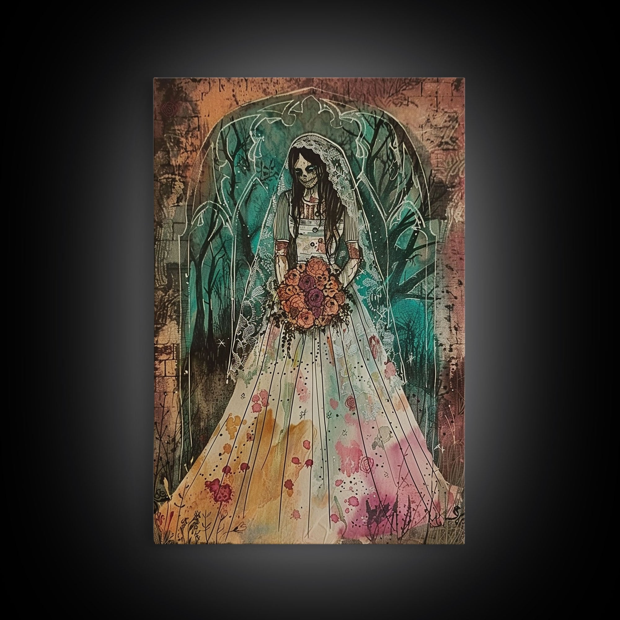 Skeleton Bride with Floral Bouquet Framed Canvas Print | Halloween Bride Art | Spooky Bride Decor for Home | Macabre Halloween Artwork