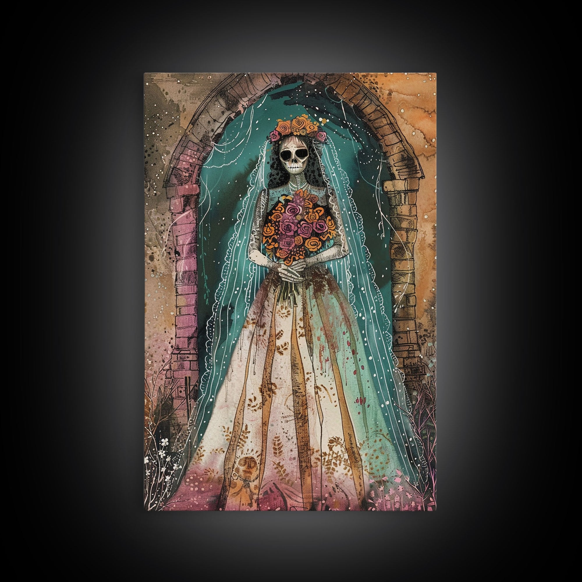 Skeleton Bride in Floral Arch Framed Canvas Print | Halloween Bride Art | Spooky Bride Decor for Home | Gothic Wedding Artwork