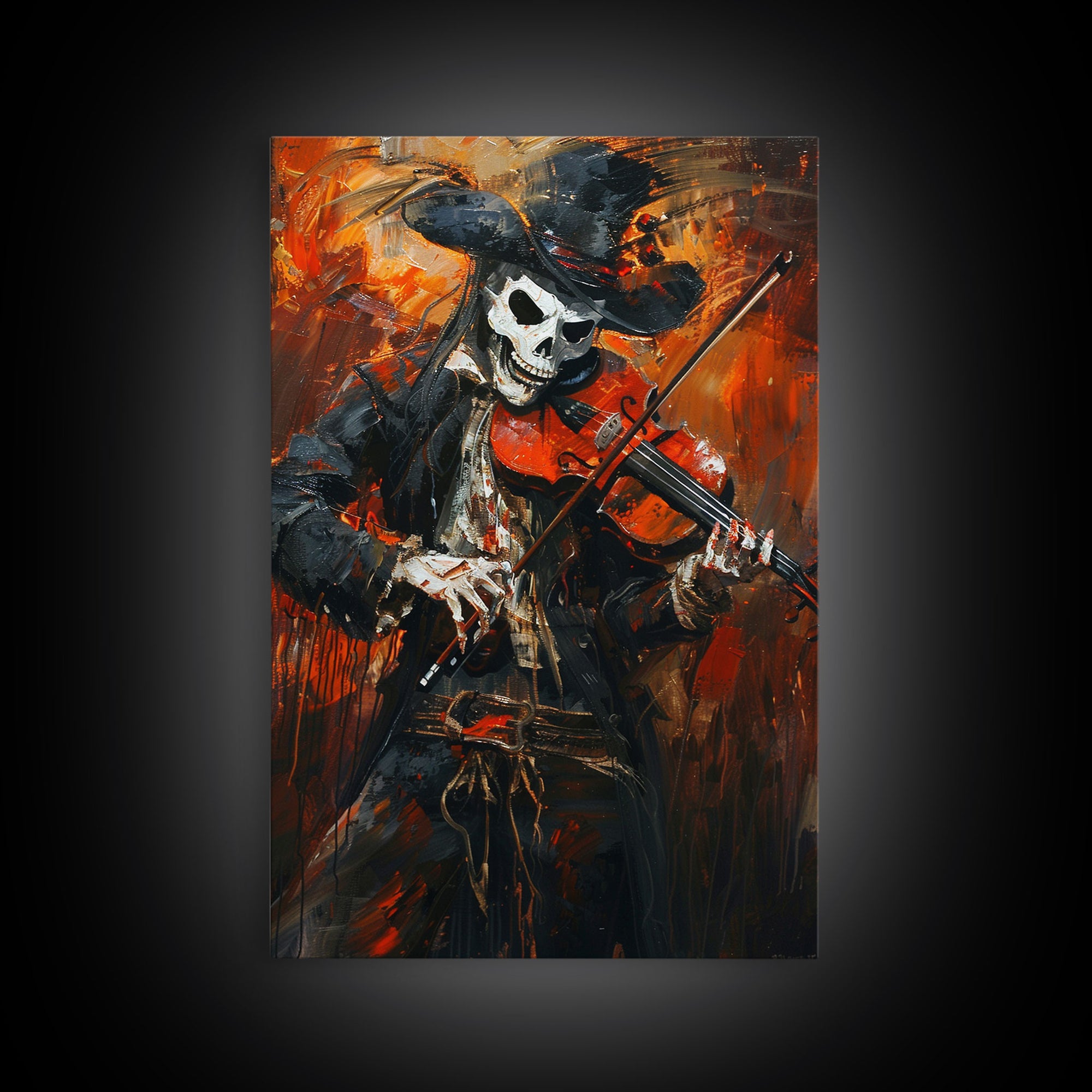 Skeleton Violinist Performing in Fiery Background | Halloween Wall Art | Spooky Home Decor Musician Skeleton Painting | Framed Canvas Print