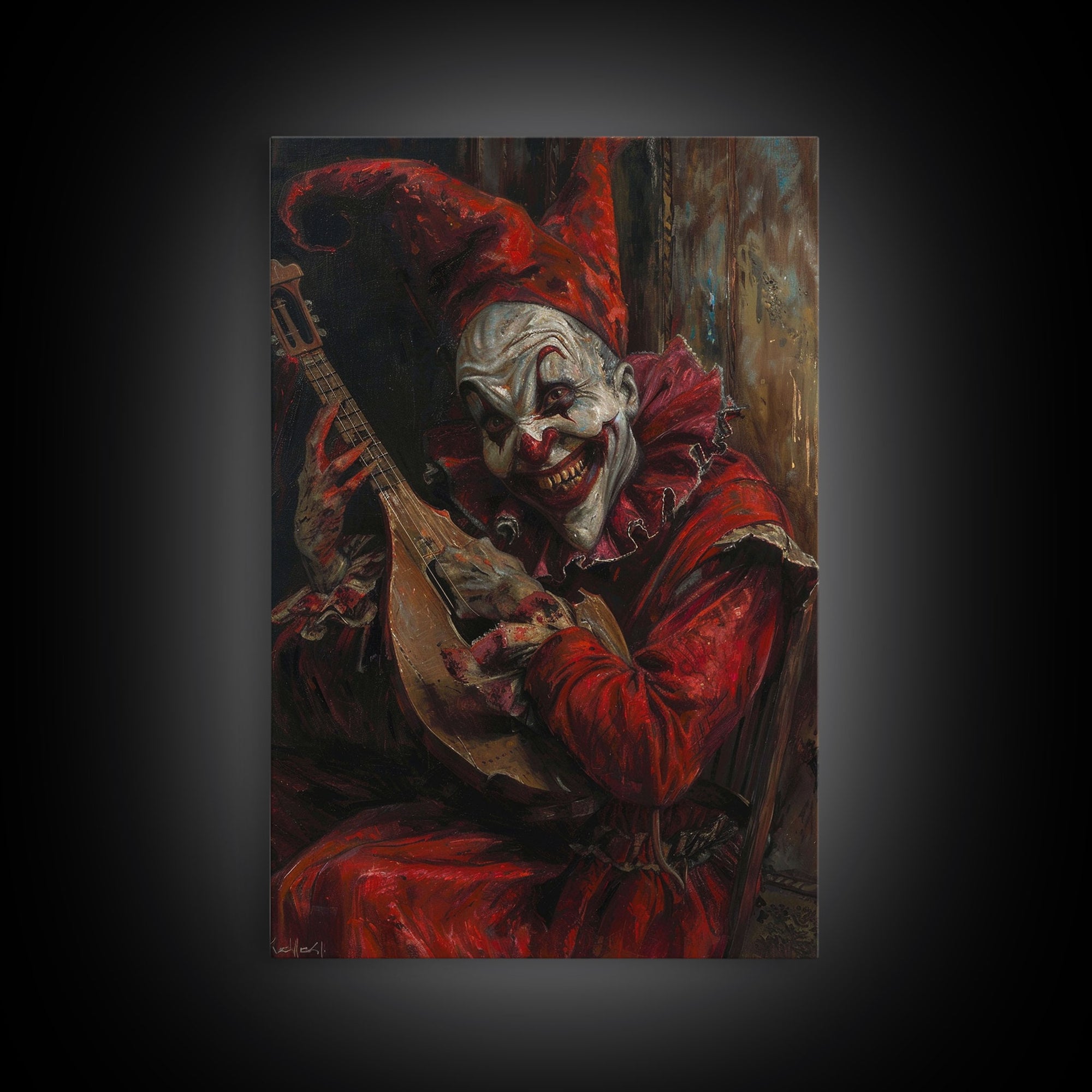 Sinister Clown with Blood-Stained Mandolin | Halloween Wall Art | Spooky Home Decor | Creepy Clown Mandolin Painting | Framed Canvas Print