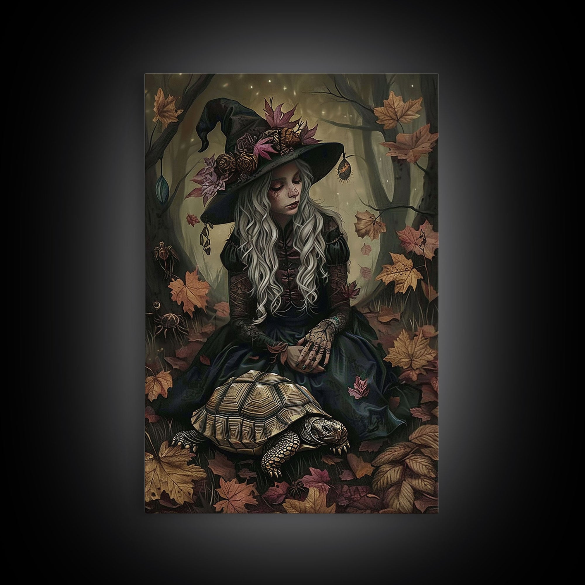 Witch with Turtle in Autumn Forest - Halloween Wall Art - Spooky Home Decor - Unique Witch Painting - Halloween Gift for Nature Lovers