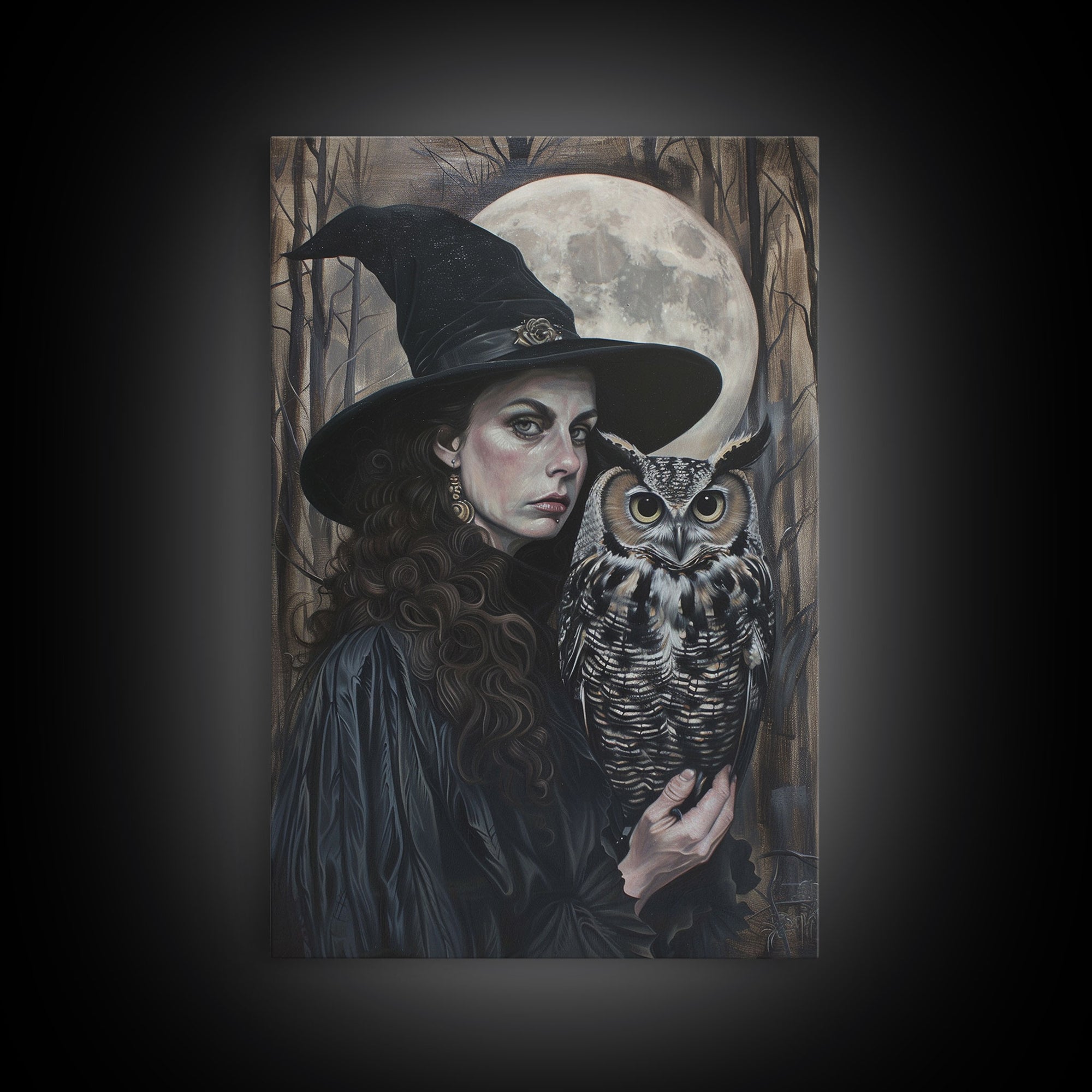 Witch with Wise Owl Under Full Moon, Framed Canvas Print, Mystical Witchcraft Art, Witch and Owl, Spooky Home Decor, Halloween Wall Art