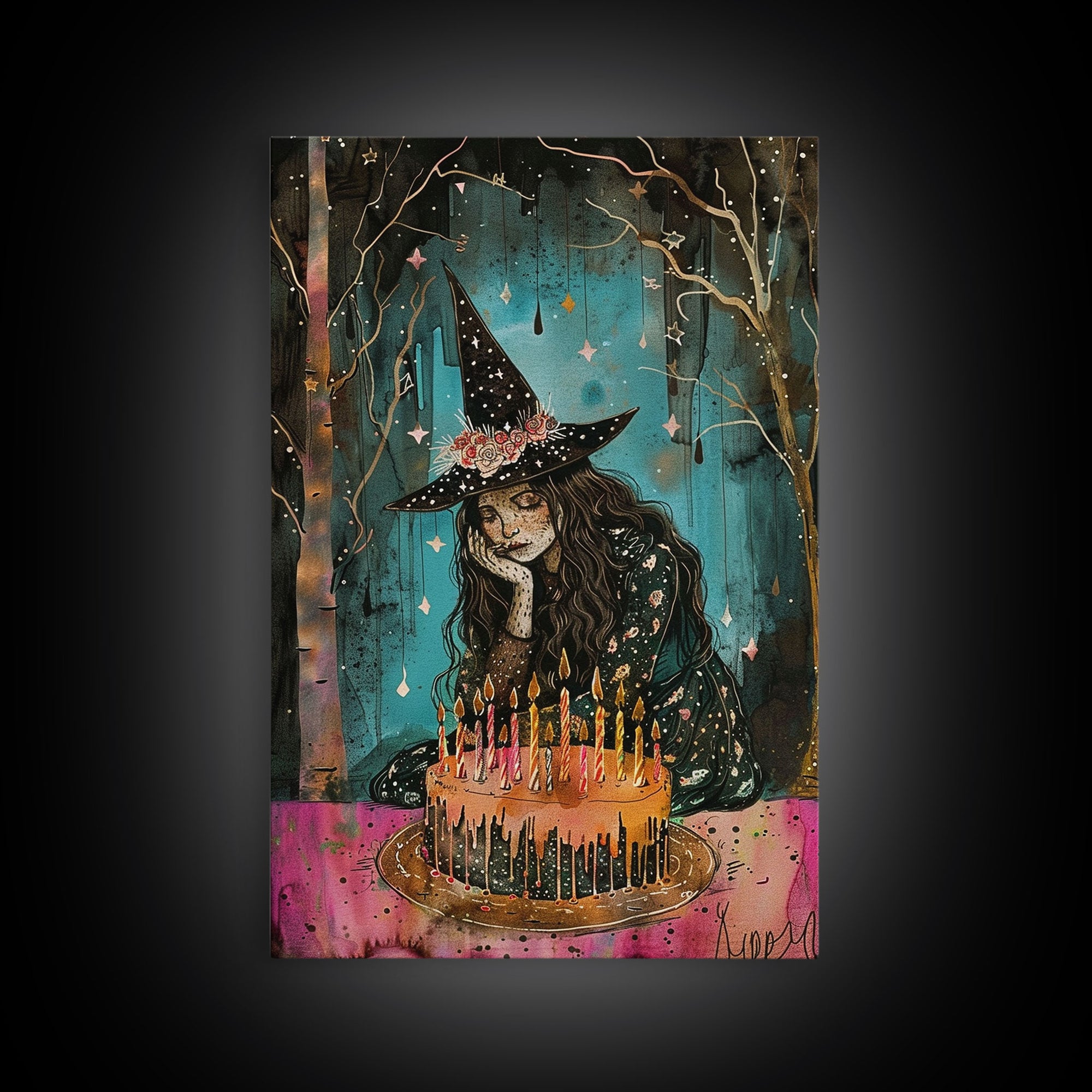 The Sad Birthday Witch, Witch With Birthday Cake Framed Canvas Print, Melancholy, Halloween Decor, Witchy Art, Cottagecore Decor