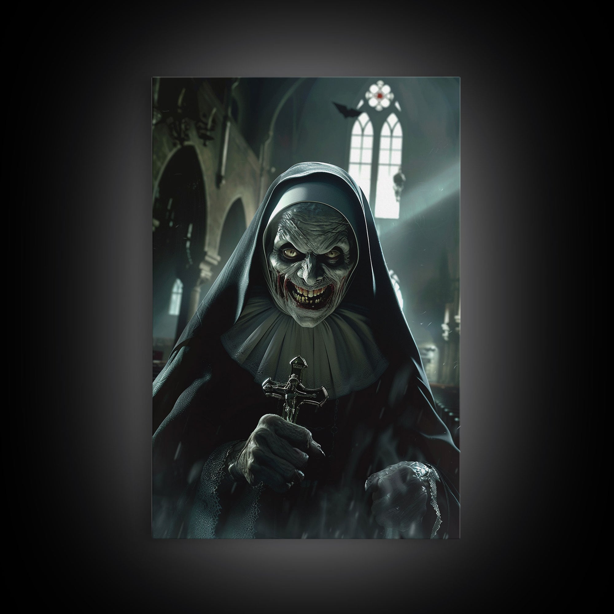 Sinister Nun with Crucifix in Haunted Church - Scary Halloween Themed Framed Canvas Print, Creepy Gothic Home Wall Decor