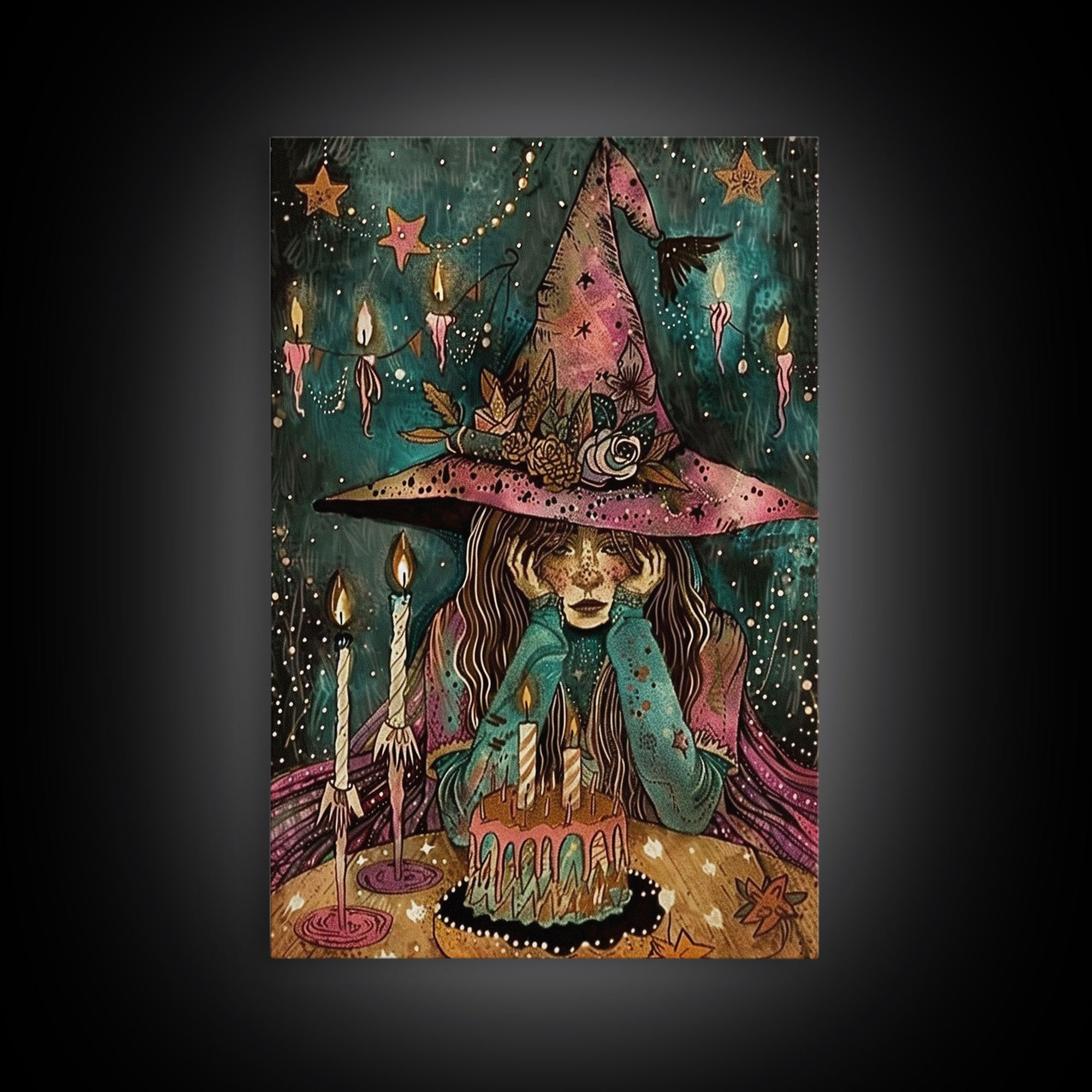 The Sad Birthday Witch, Witch With Birthday Cake Framed Canvas Print, Melancholy, Halloween Decor, Witchy Art, Cottagecore Colorful Art