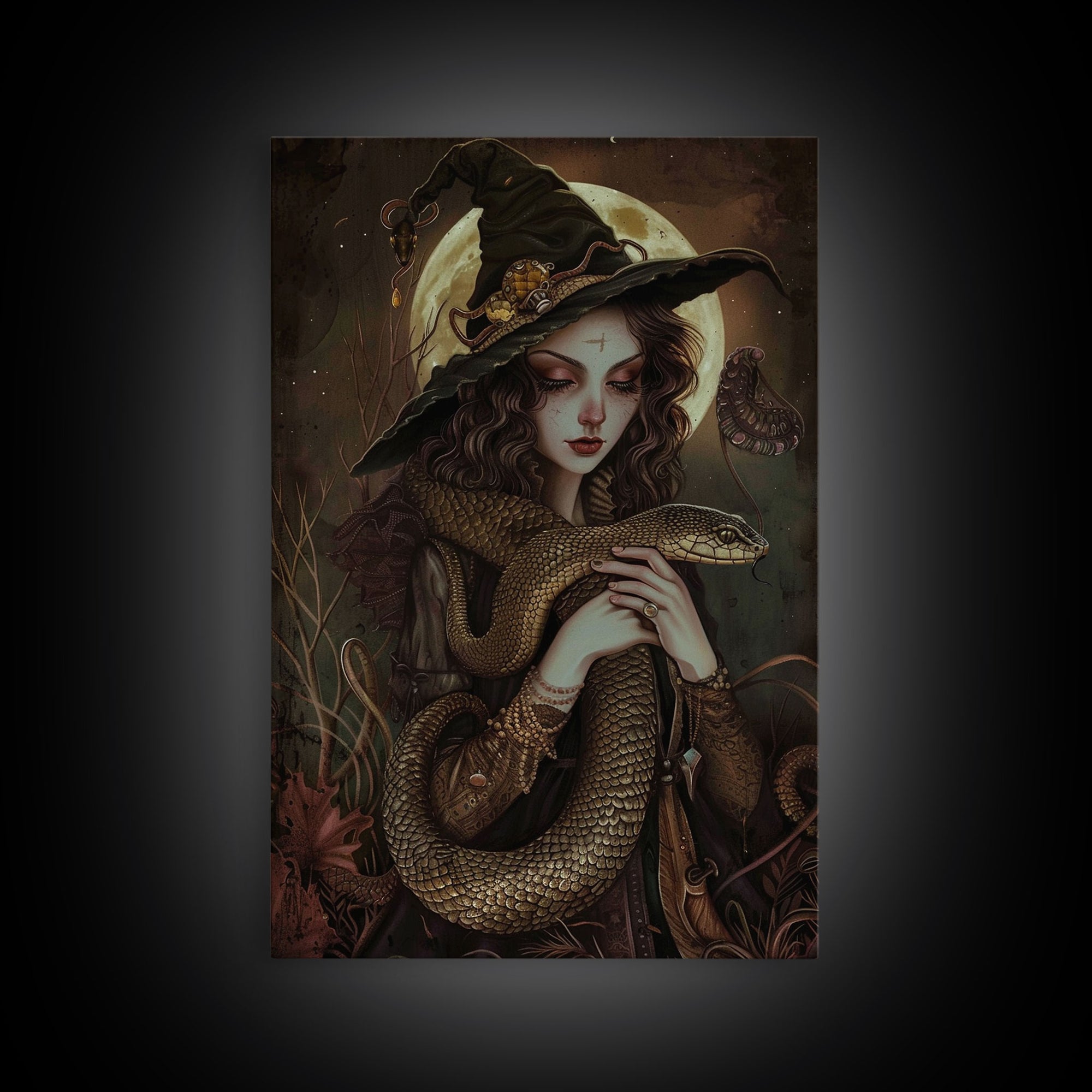 Witch Holding Snake under Full Moon - Dark Forest Sorcery Gothic Art Framed Canvas Print, Halloween Witchy Decor