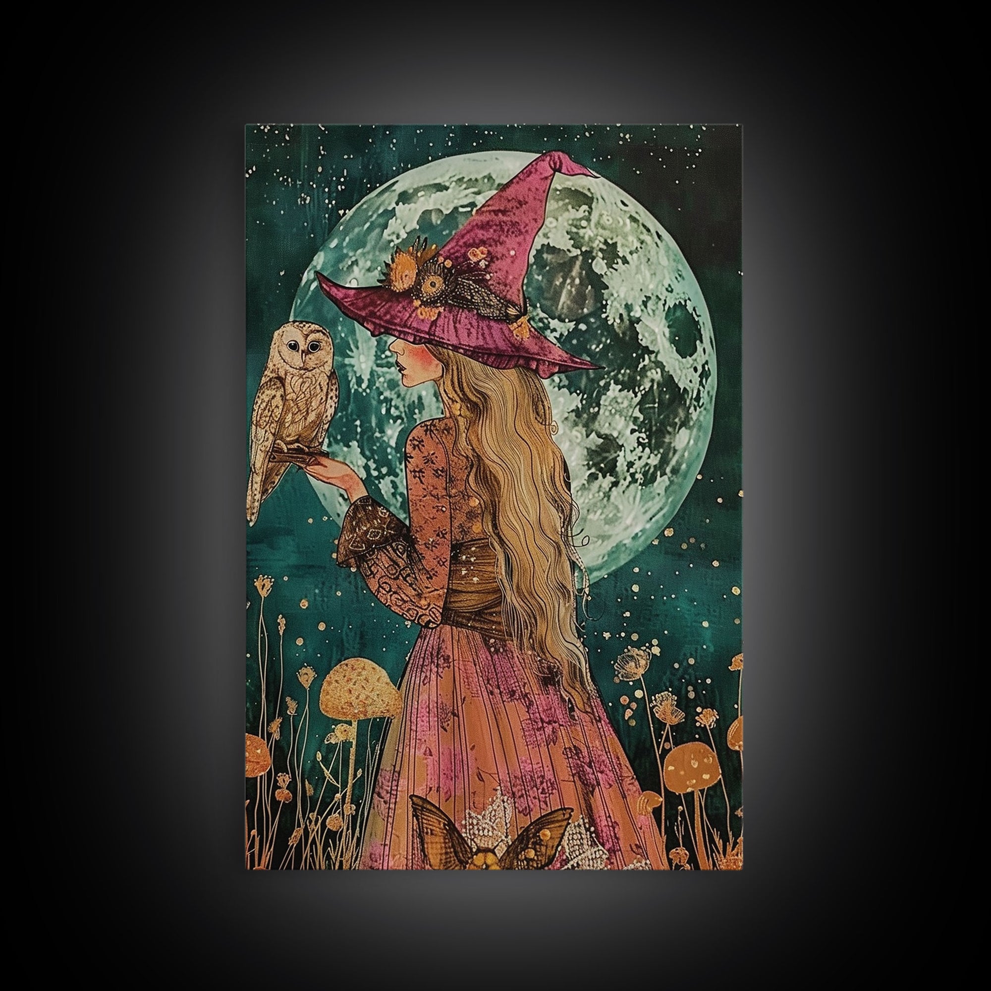 Witch in Purple Hat with Owl - Moonlit Enchantment Mystical Beauty Framed Canvas Print, Halloween Witch Decor