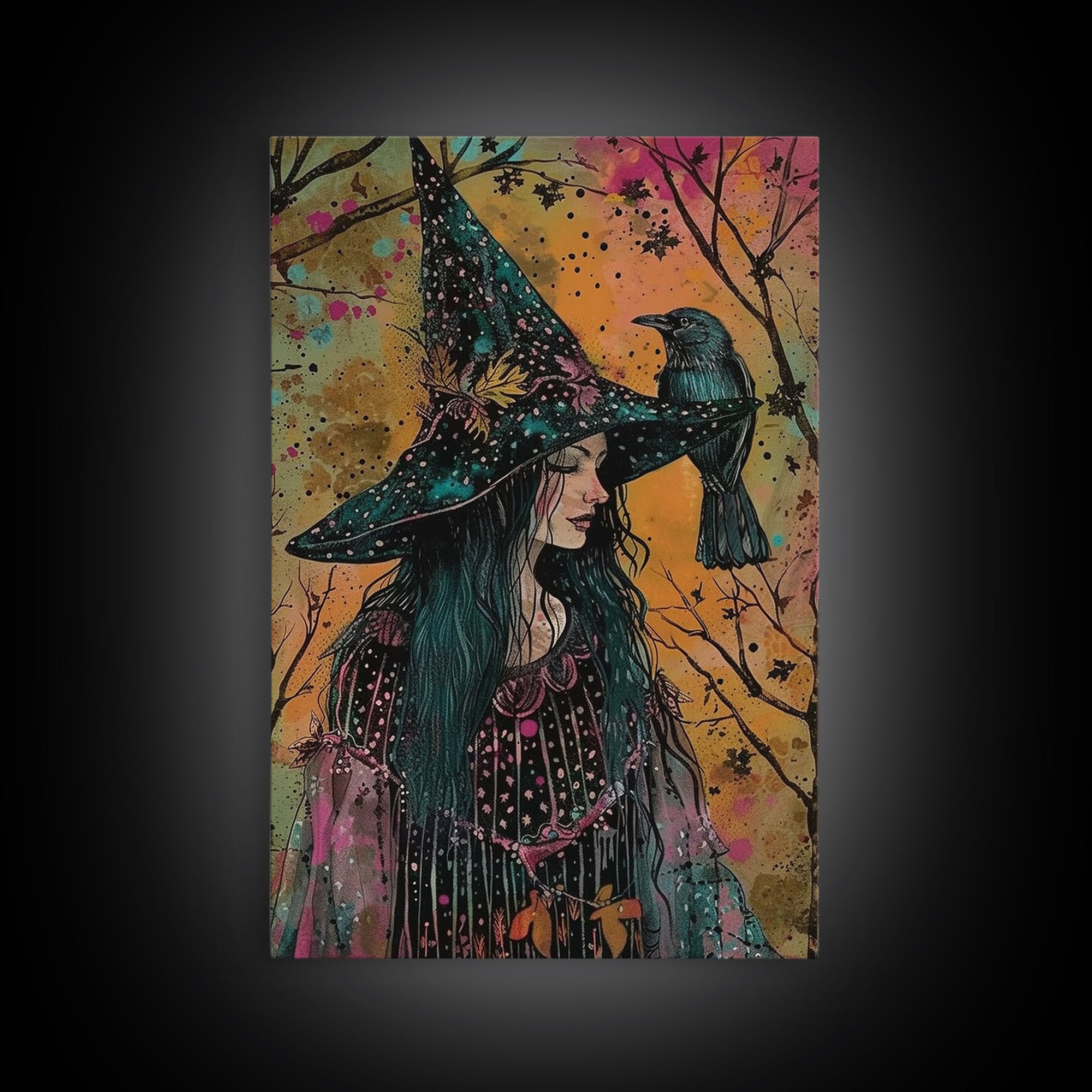 Witch with Raven in Autumn Forest - Dark Enchantment Mystical Gothic Art Framed Canvas Print, Halloween Home Decor