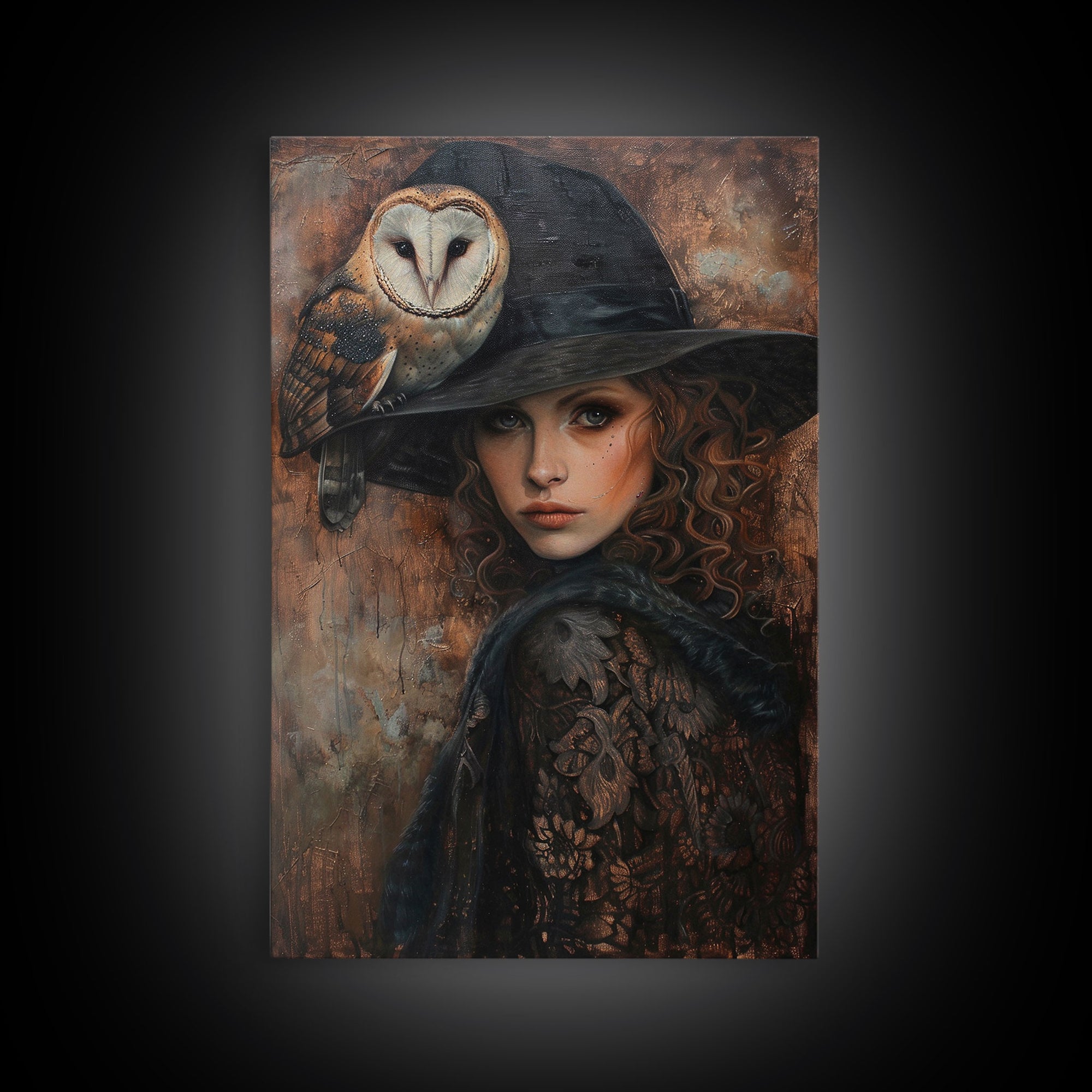 Witch with Crow in Spooky Forest - Halloween Art, Gothic Art, Spooky Decor, Dark Magic Art, Mysterious Portrait, Framed Canvas Print