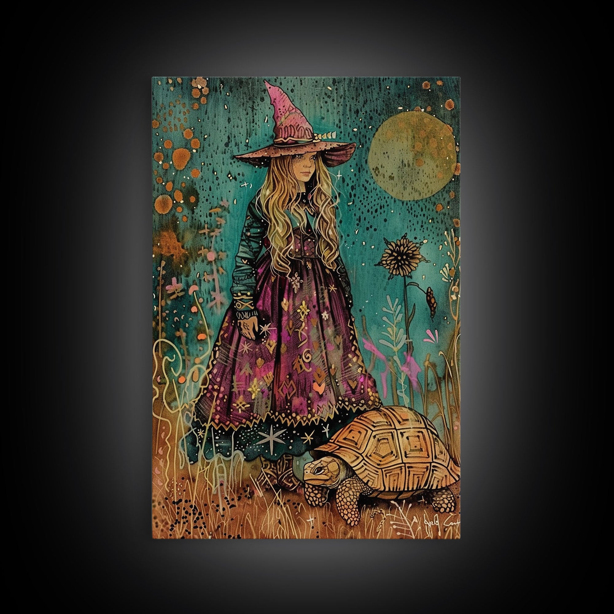 Witch With Tortoise Canvas Print - Halloween Art, Spooky Home Decor, Witch Wall Art, Witch Painting, Halloween Decor, Framed Canvas Print