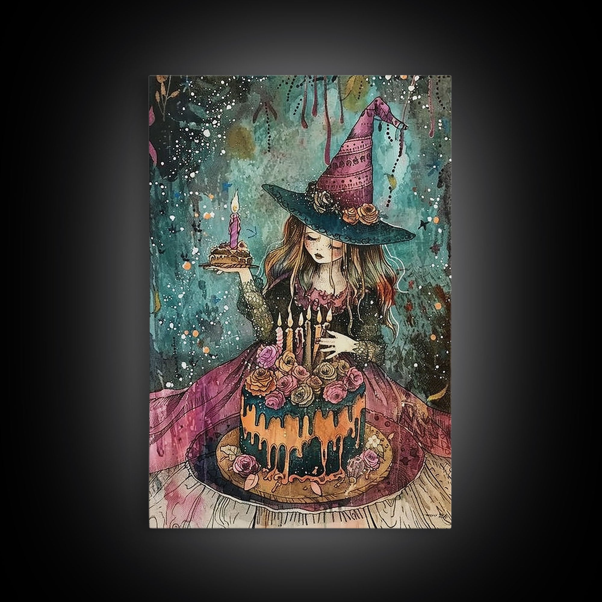 Witchy Birthday Party For One, Framed Canvas Print, Melancholy Witch Halloween Art