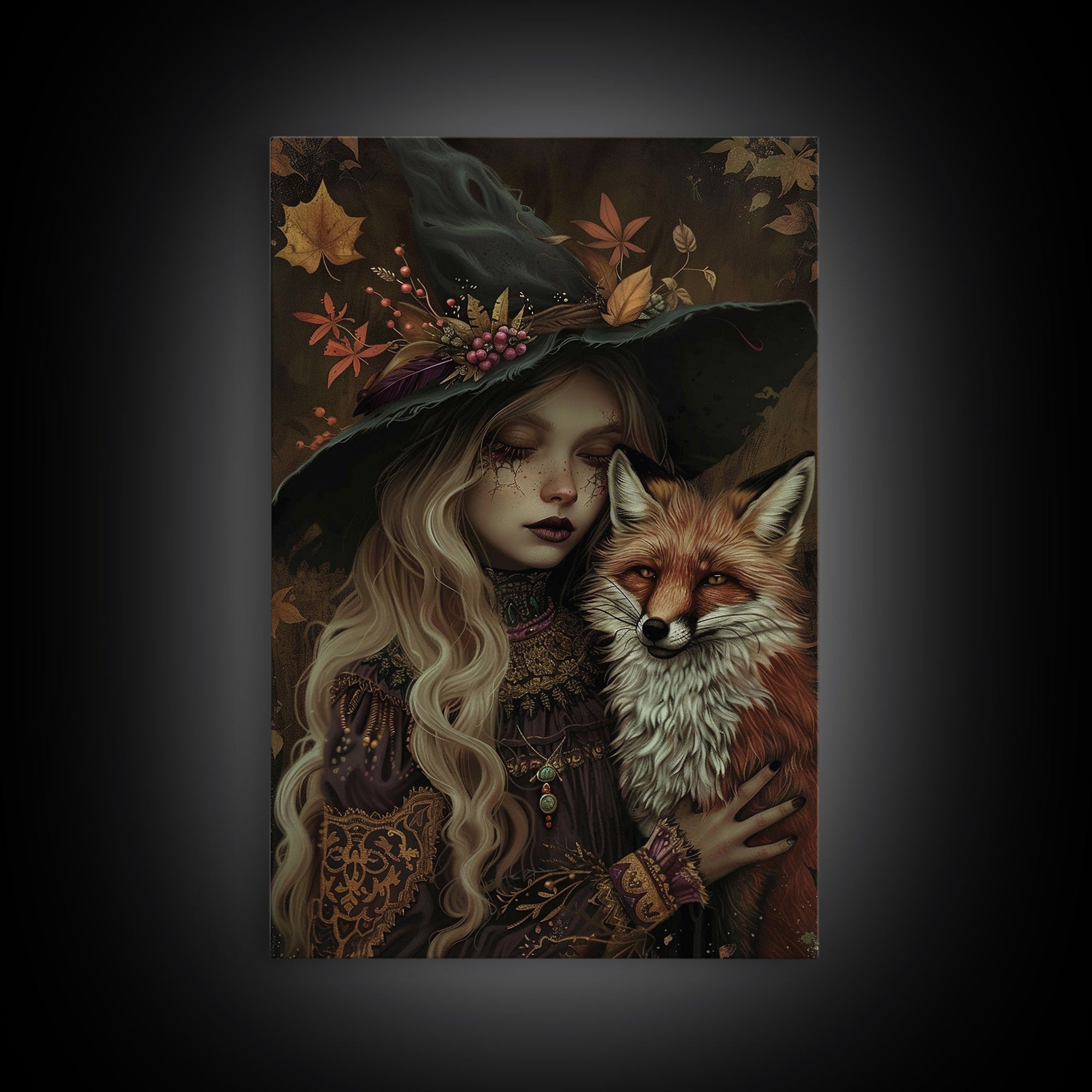 Spooky Halloween Witch Wall Art, Framed Canvas Prince, Halloween Decor, Halloween Gift, Spooky Season, Cottage Core Witch and Fox Familiar