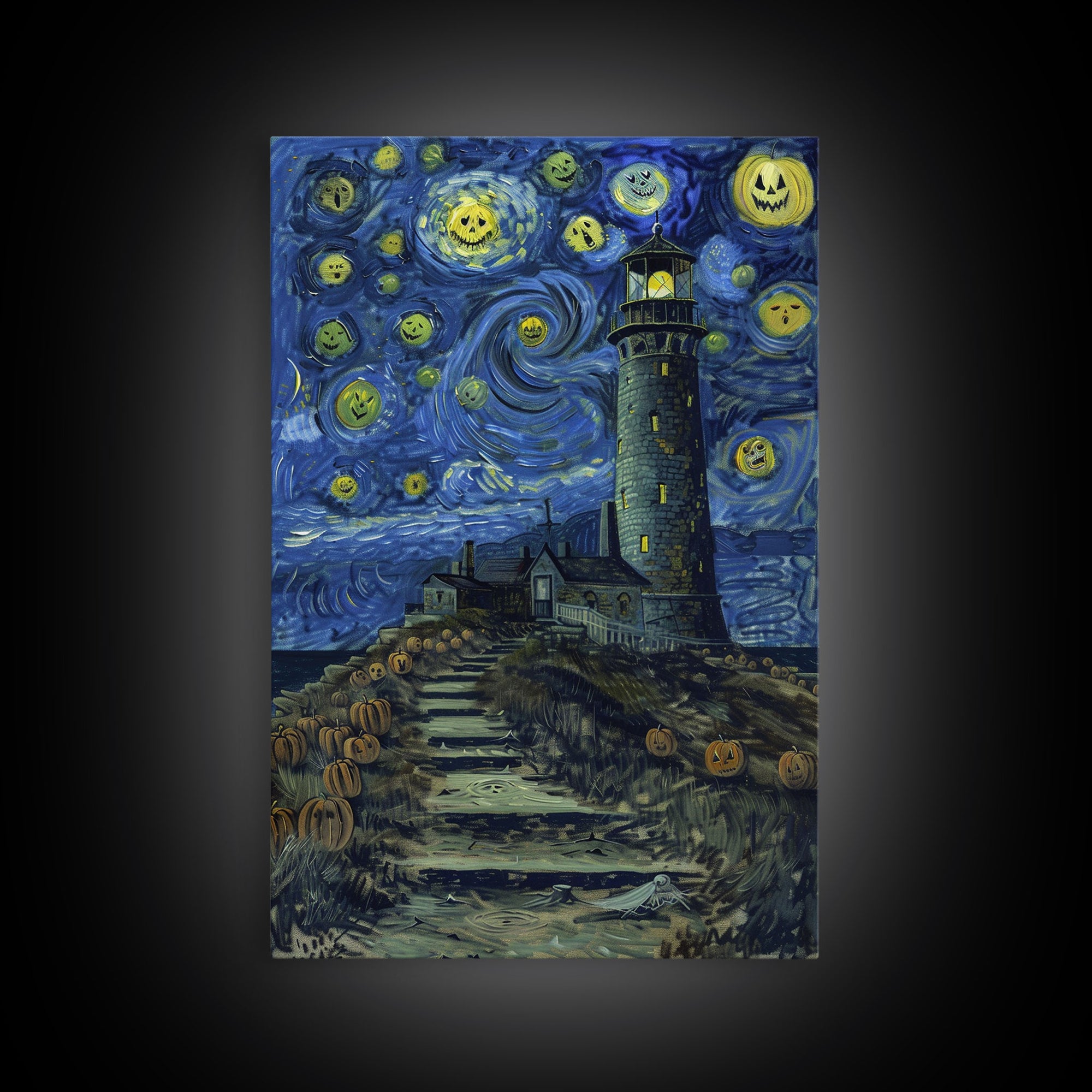 Starry Night Inspired Haunted Light House Framed Canvas Print, Van Gogh Inspired, Spooky Season Halloween Art