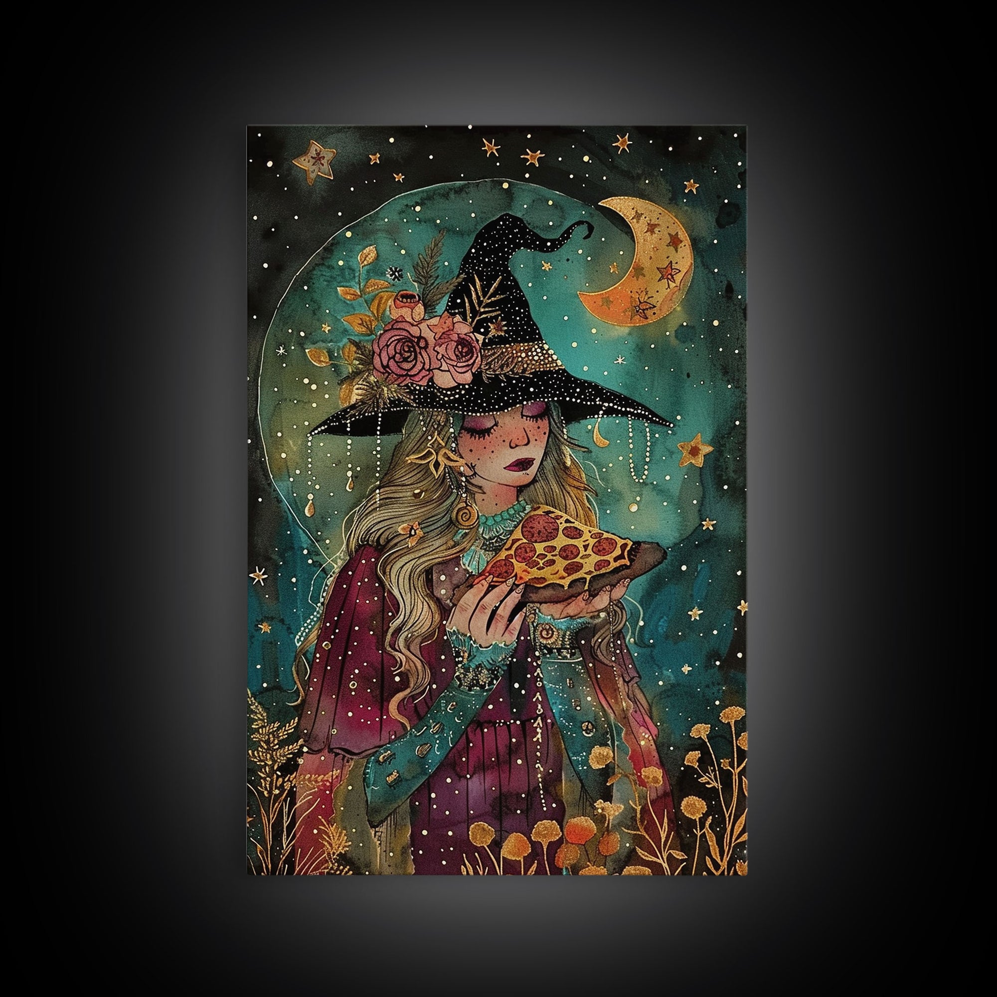 Summer Witch and Her Slice Of Pizza, Framed Canvas Print, Cute / Funny Halloween Art