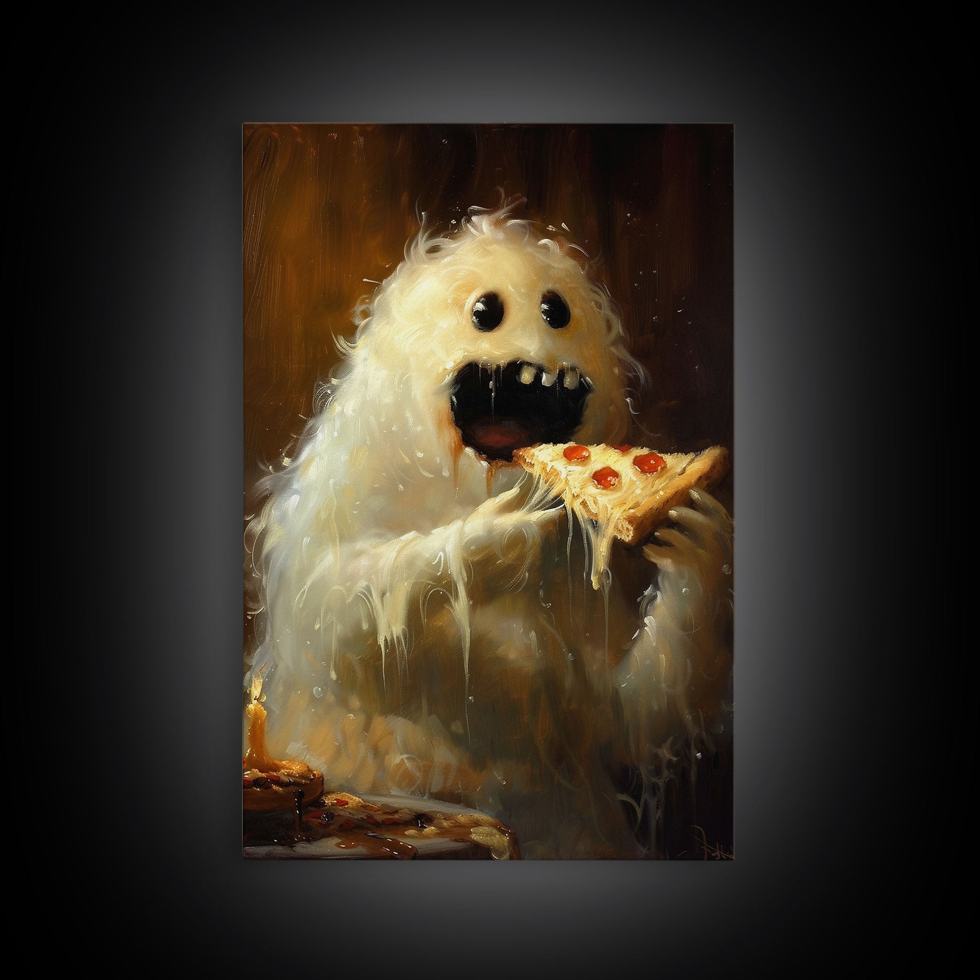 The Pizza Ghost, Framed Canvas Print, Funny Halloween Wall Art