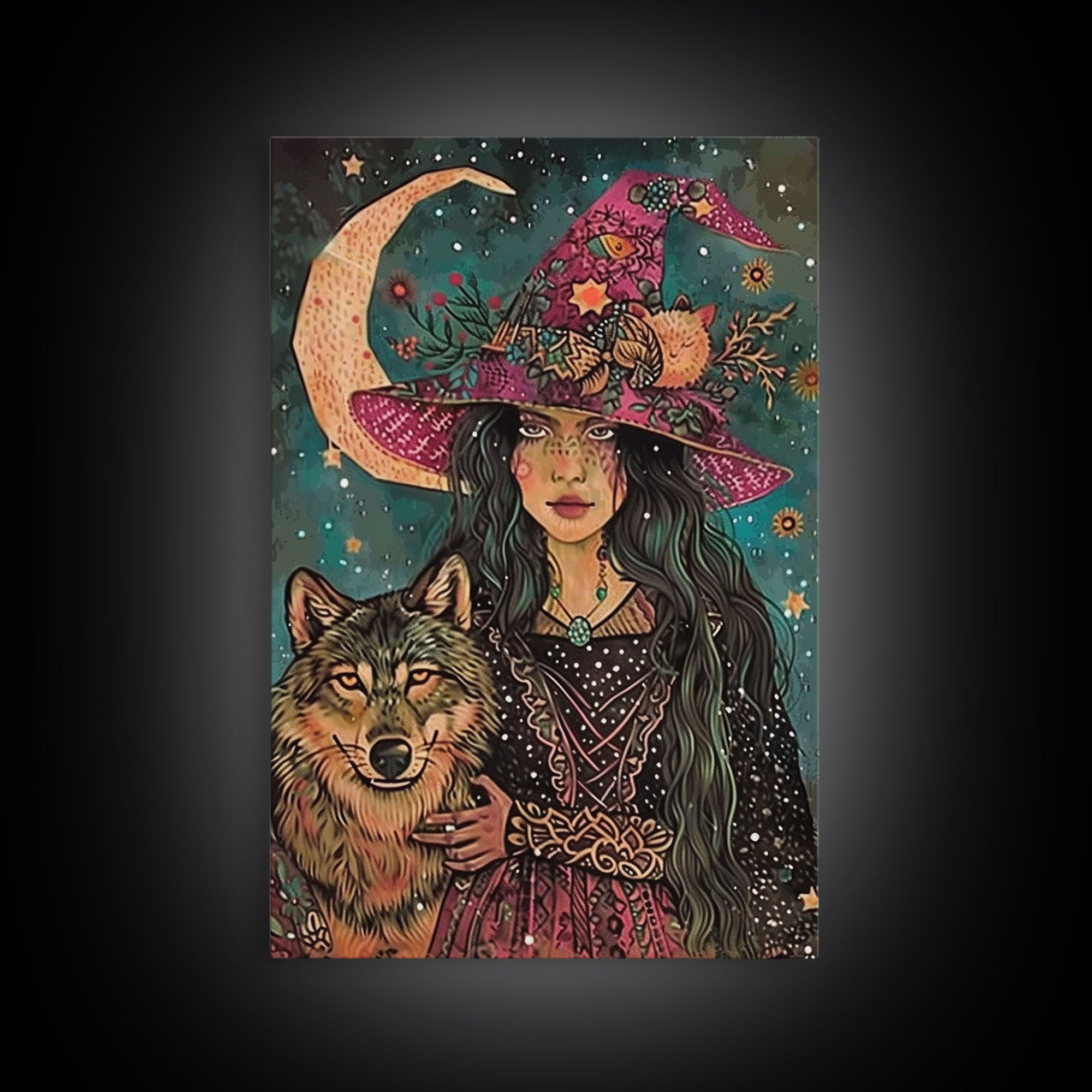 Spooky Halloween Witch Wall Art, Framed Canvas Prince, Halloween Decor, Halloween Gift, Spooky Season, Cottage Core Witch and Wolf Familiar