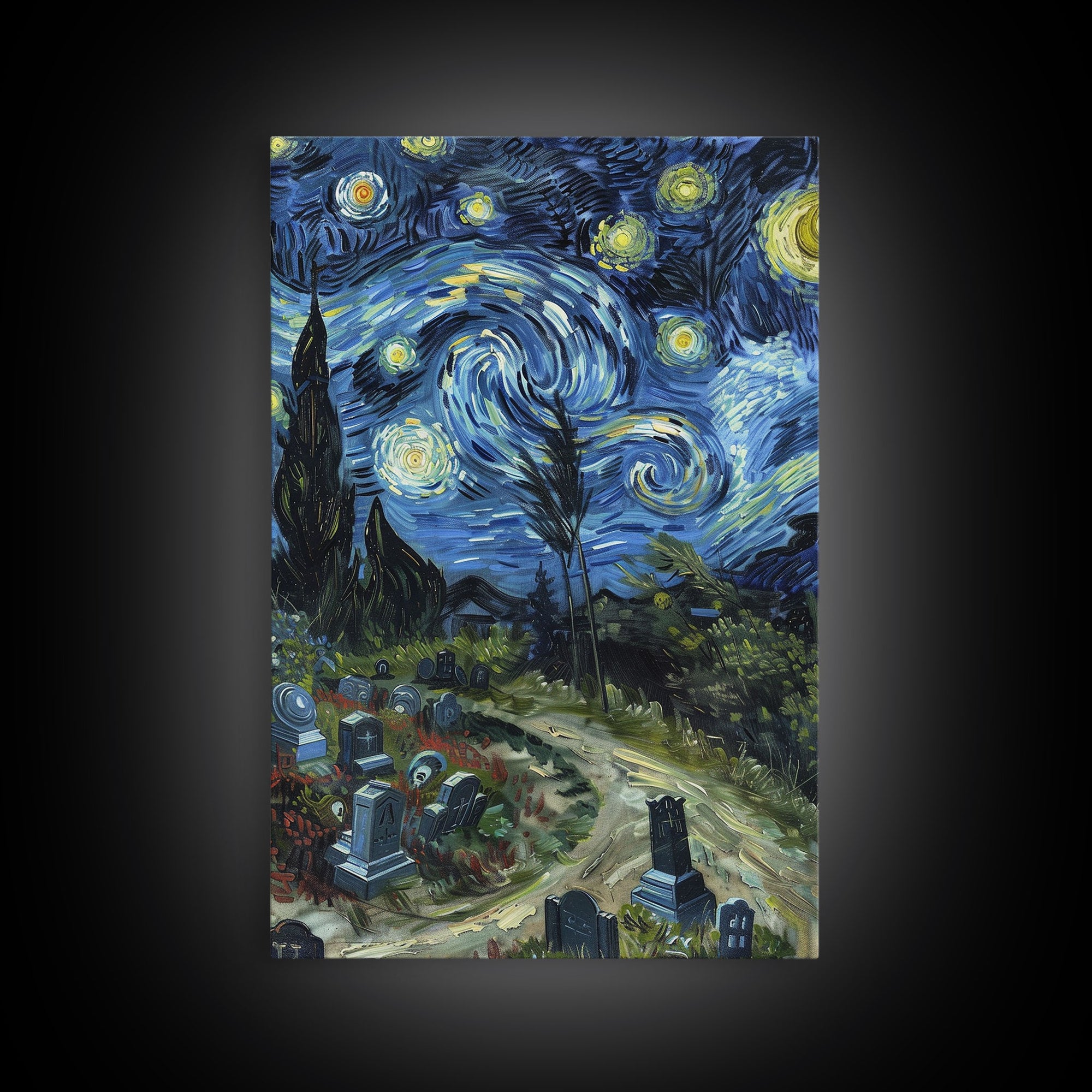 Starry Night Inspired Haunted Cemetary, Haunted Grave Yard, Spooky Season Wall Art, Halloween Decor