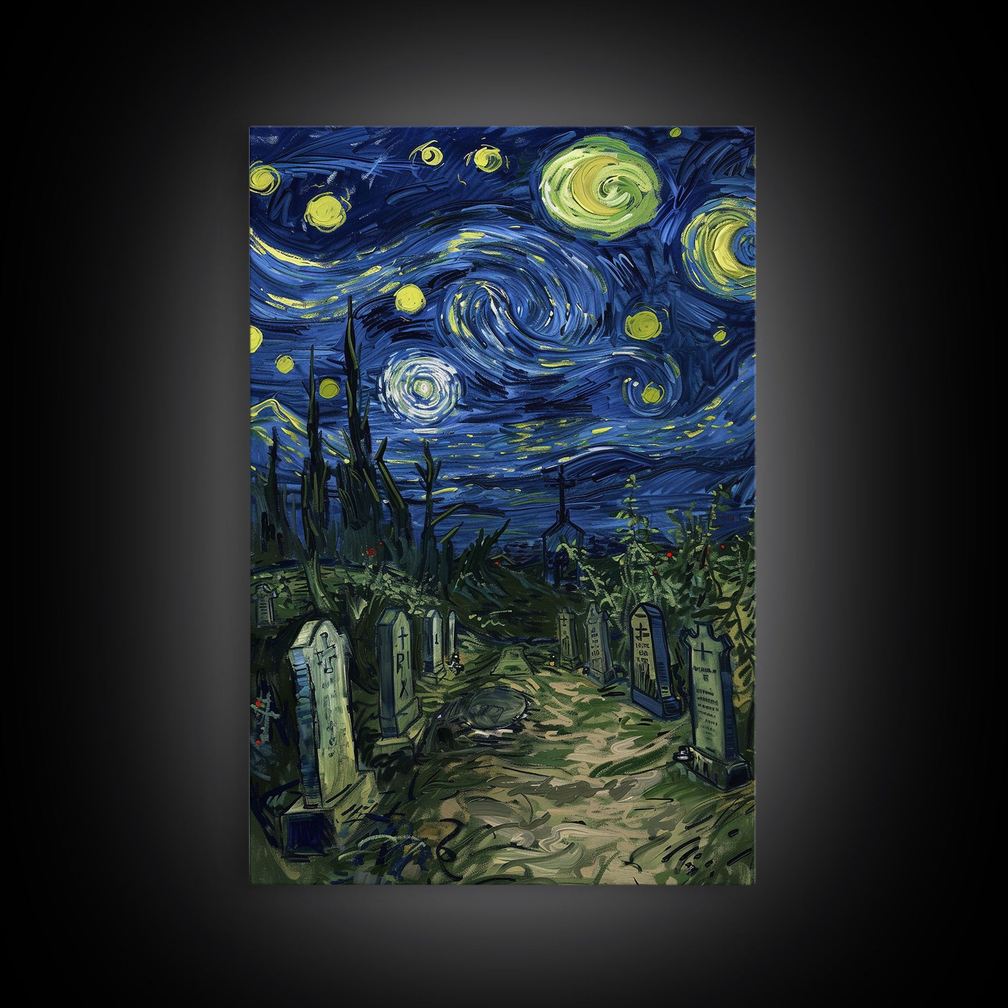 Starry Night Cemetery Framed Canvas Print, Halloween Wall Art, Gothic Art, Spooky Graveyard Decor, Van Gogh Style, Halloween Wall Decor