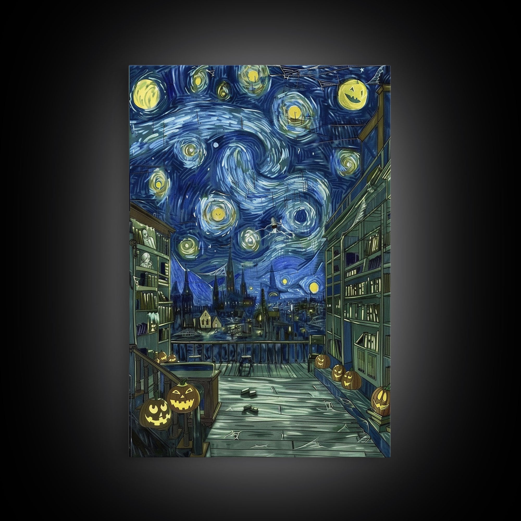 Spooky Night Train Arrival Framed Canvas Print, Halloween Wall Art, Haunted Train Artwork, Eerie Station Decor, Ghostly Home Art