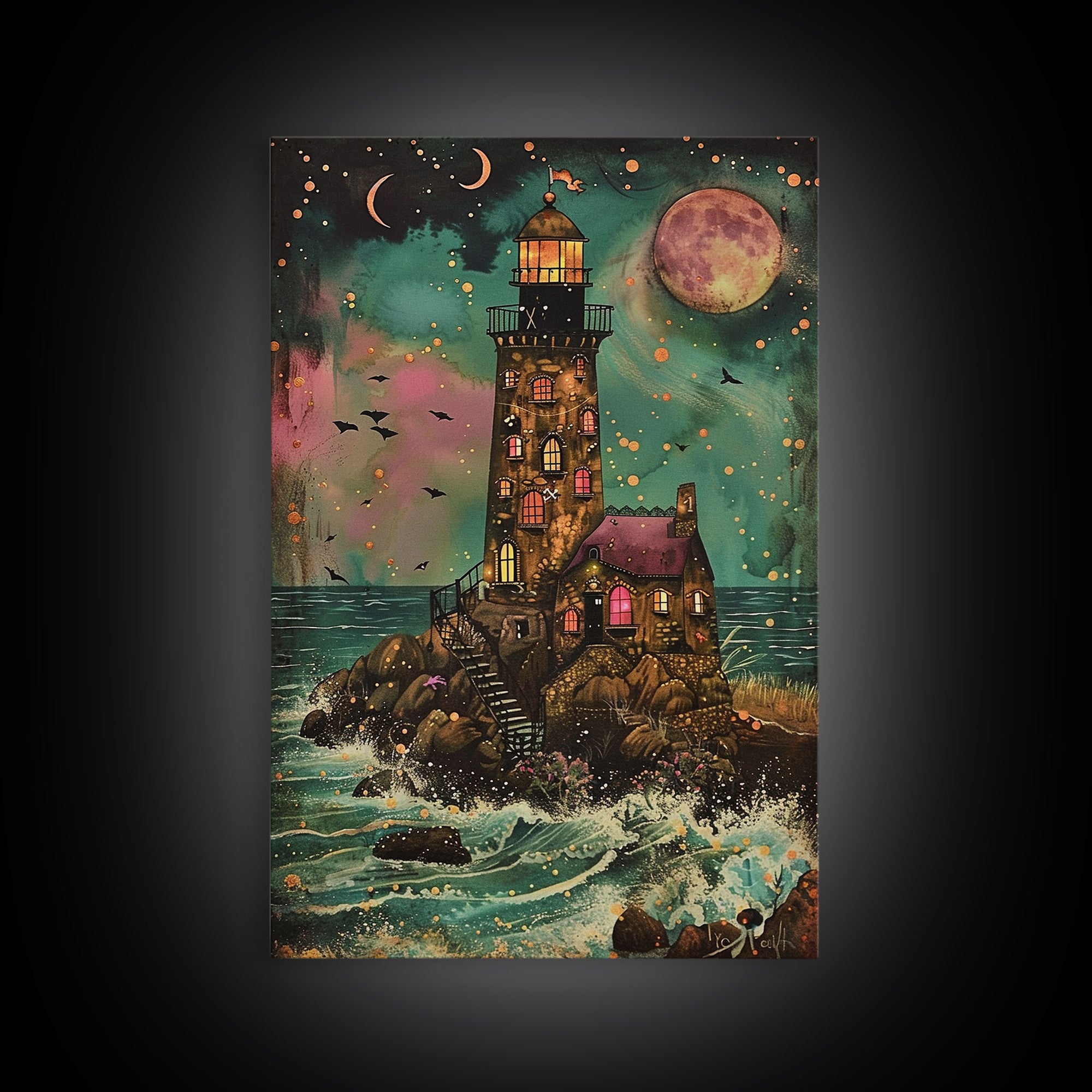 The Haunted Light House Framed Canvas Print, Retro Style Halloween Decor, Cottage Core Halloween Art