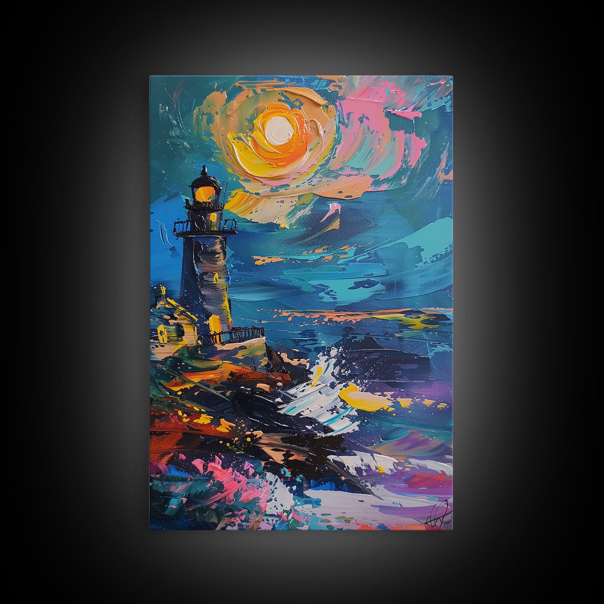 The Haunted Light House Framed Canvas Print, Impasto Style Halloween Decor, Cottage Core Halloween Art