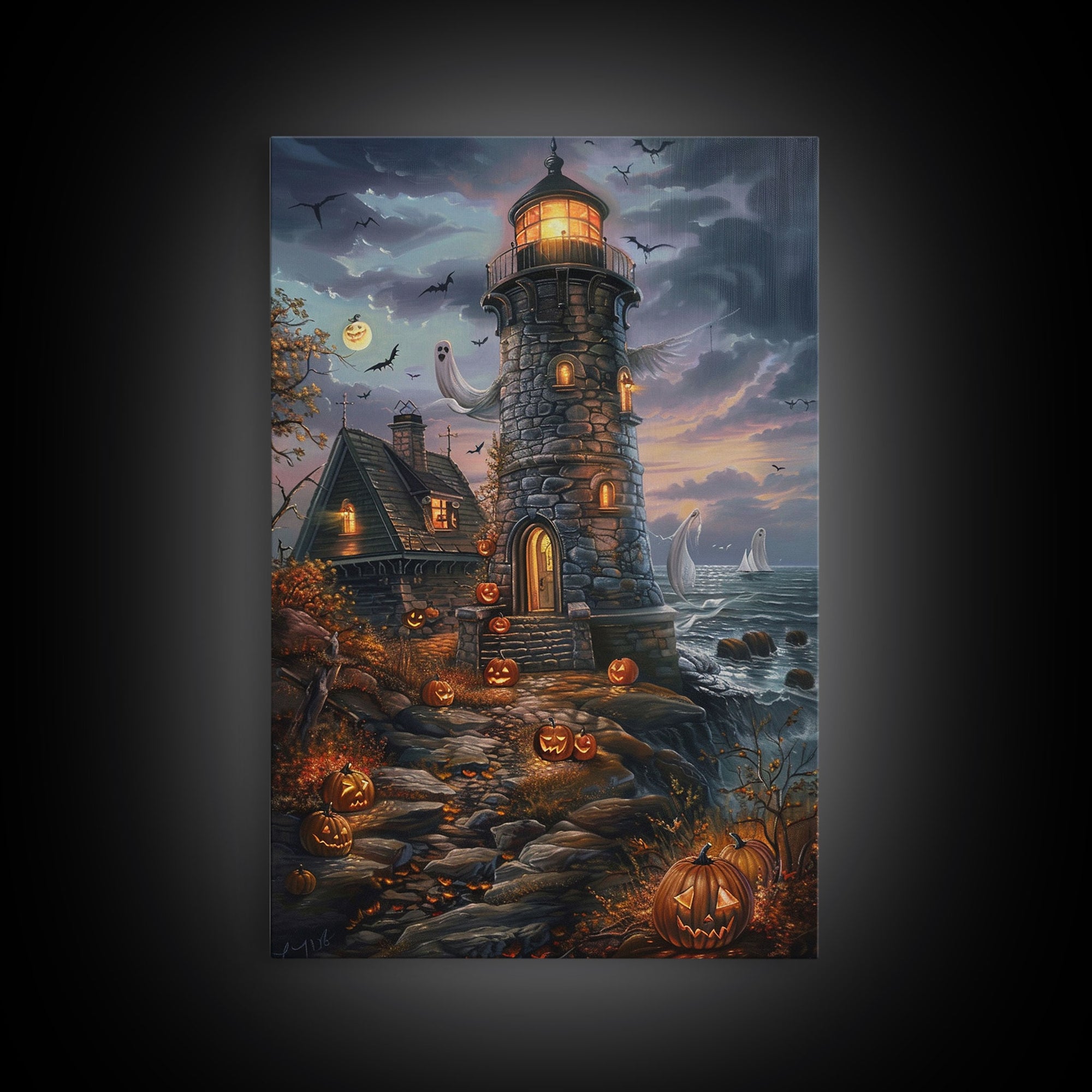 The Haunted Light House Framed Canvas Print, Impasto Style Halloween Decor, Cottage Core Halloween Art