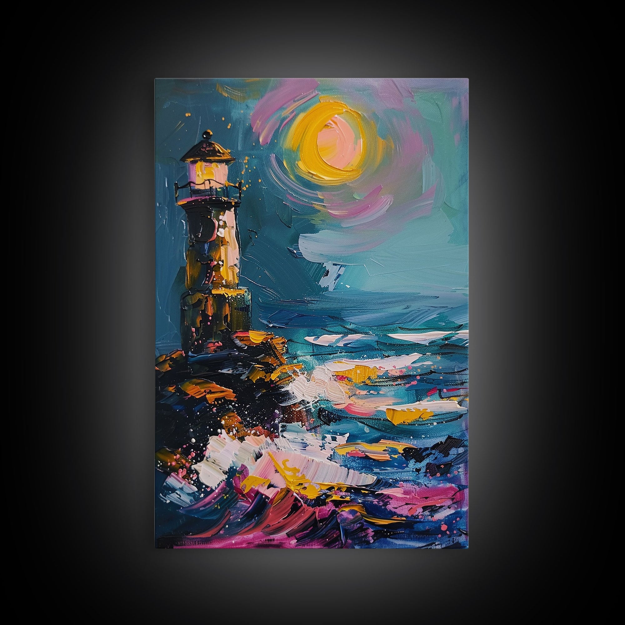 The Haunted Light House Framed Canvas Print, Retro Style Halloween Decor, Cottage Core Halloween Art