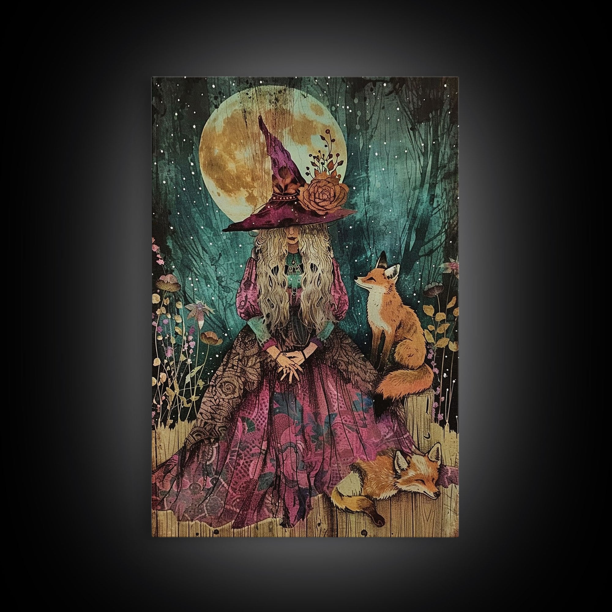 Spooky Halloween Witch Wall Art, Framed Canvas Prince, Halloween Art, Halloween Gift, Spooky Season, Cottage Core Witch and Fox Familiar