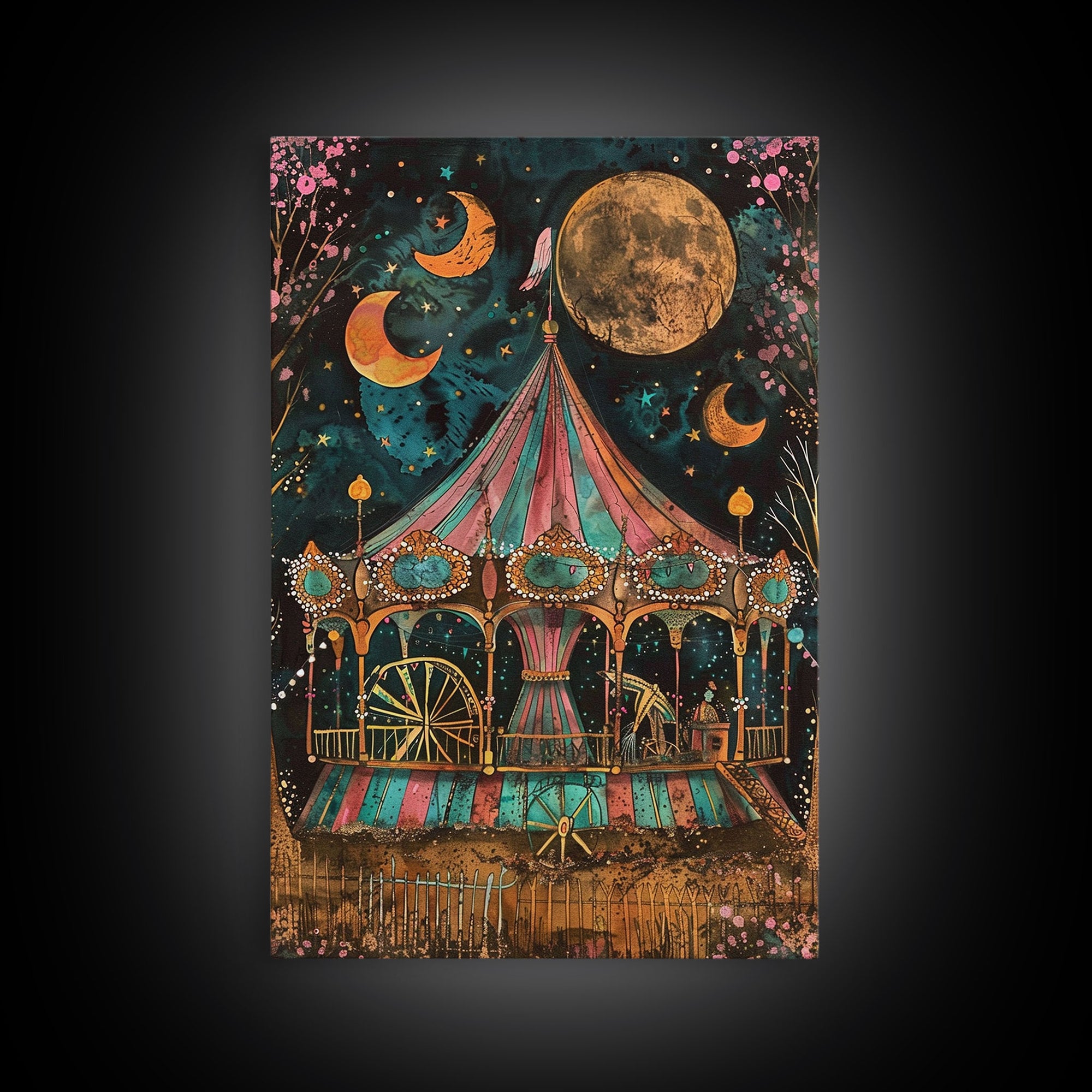 Spooky Haunted Carnival, Halloween Framed Canvas Print, Halloween Art, Springtime Cottage Core Halloween Mashup Decor