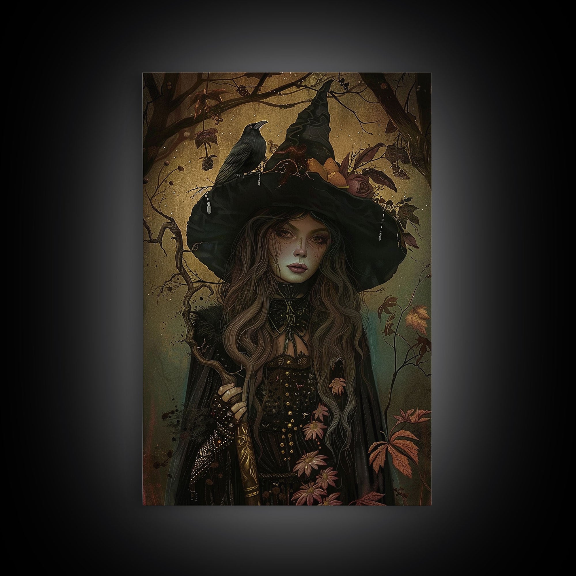 The Witch And The Raven, Framed Canvas Print, Raven Familiar, Victorian Witch Painting, Halloween Decor, Halloween Trinket, Spooky Wall Art