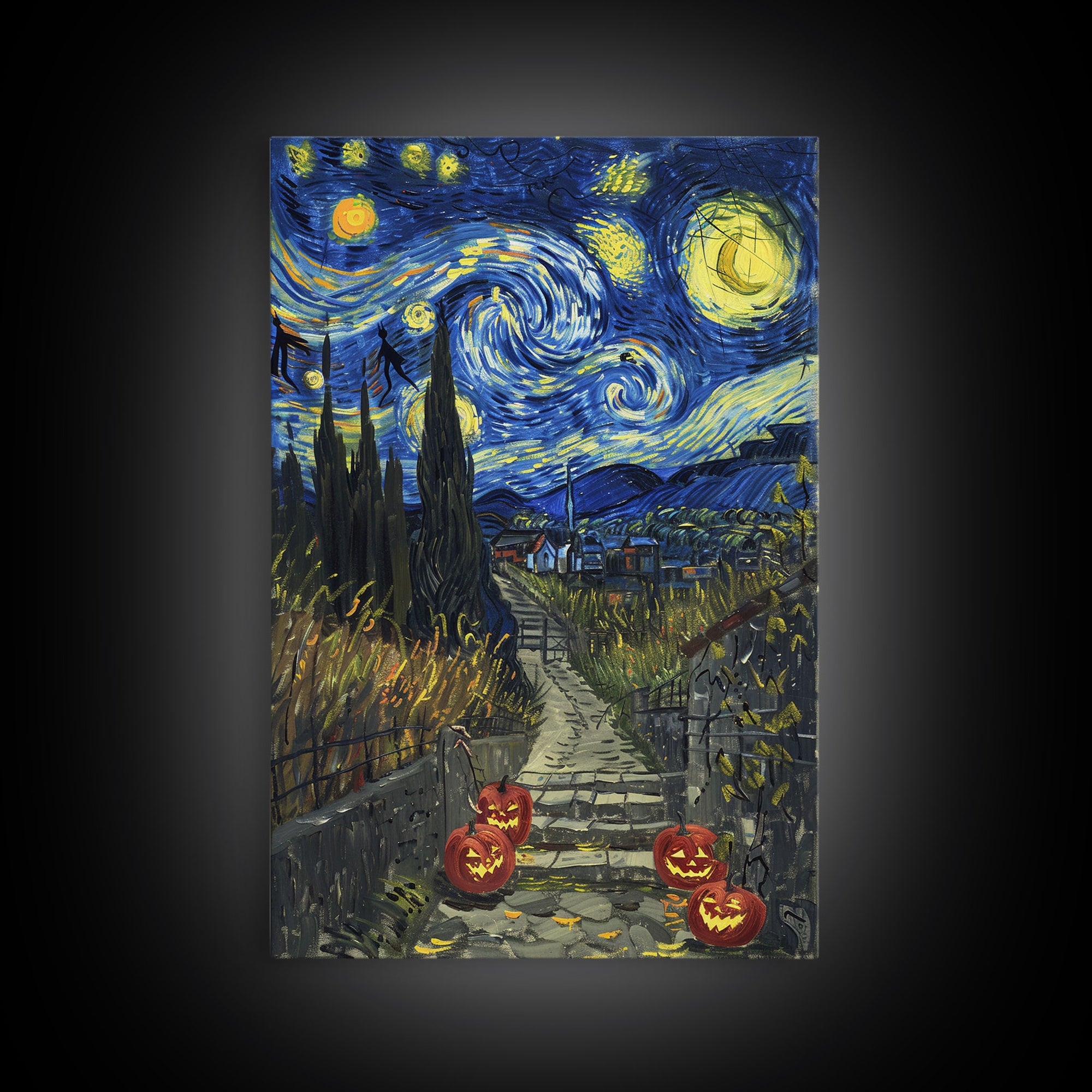 Spooky Starry Night Inspired Haunted Grave Yard Framed Canvas Print, Spooky Season Halloween Art