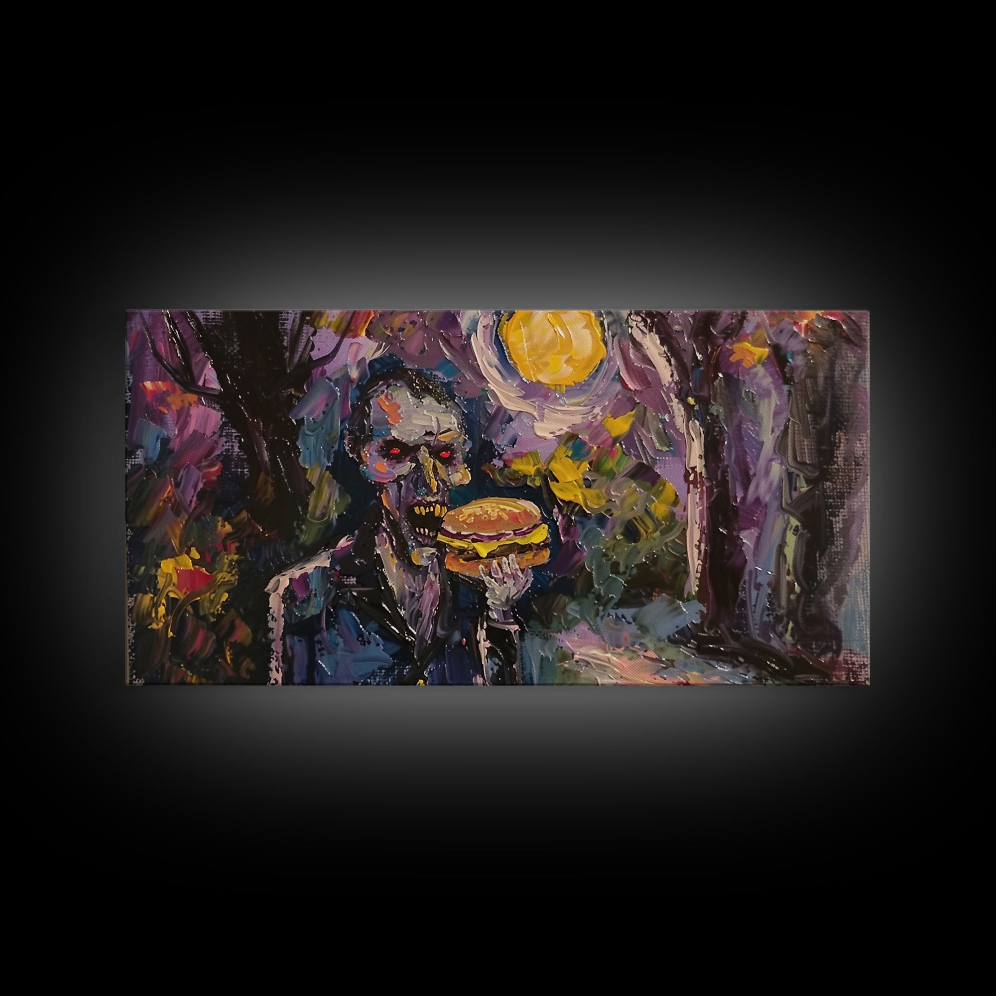 Vampire Having A Cheeseburger, Framed Canvas Print, Funny Halloween Decor