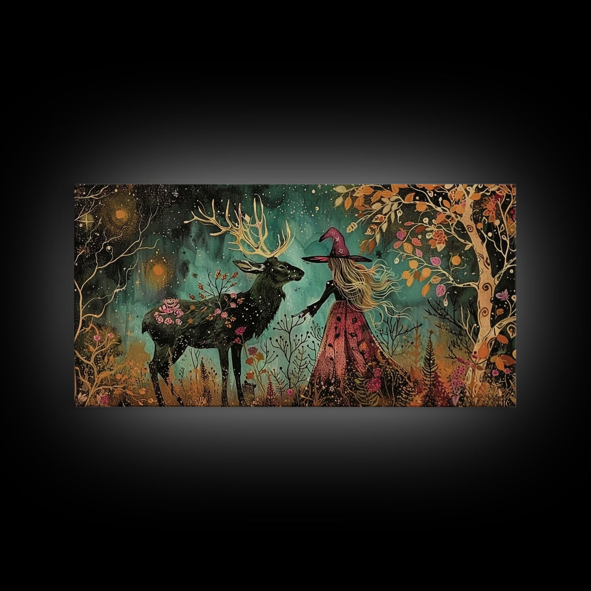 Victorian Witch and her Deer Familiar | Framed Canvas Print | Dark Academia Wall Art | Victorian Style Halloween Art