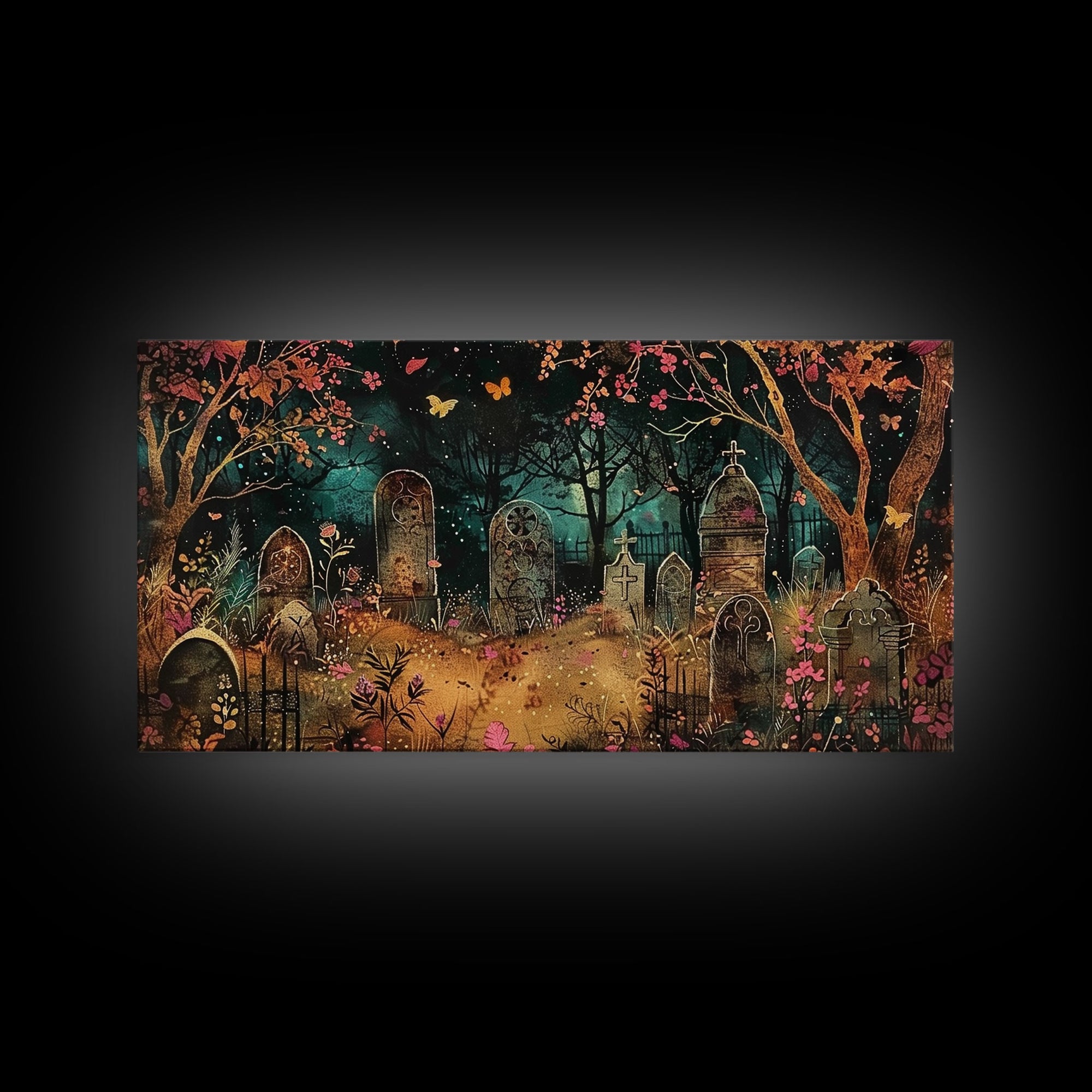 Spooktober Wall Art, Framed Canvas Print, Cottagecore Dark Academia Grave Yard Wall Art, Halloween Decor