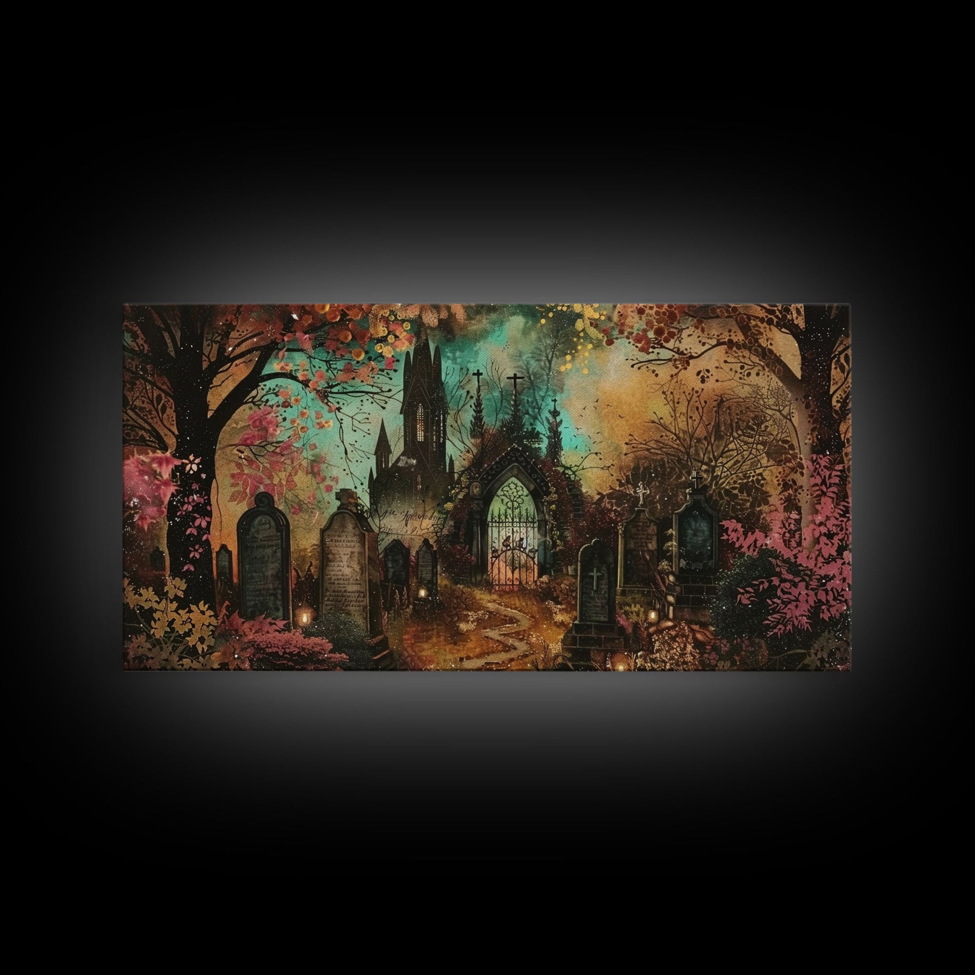 Ye Old Haunted Graveyard, Framed Canvas Print, Halloween Art