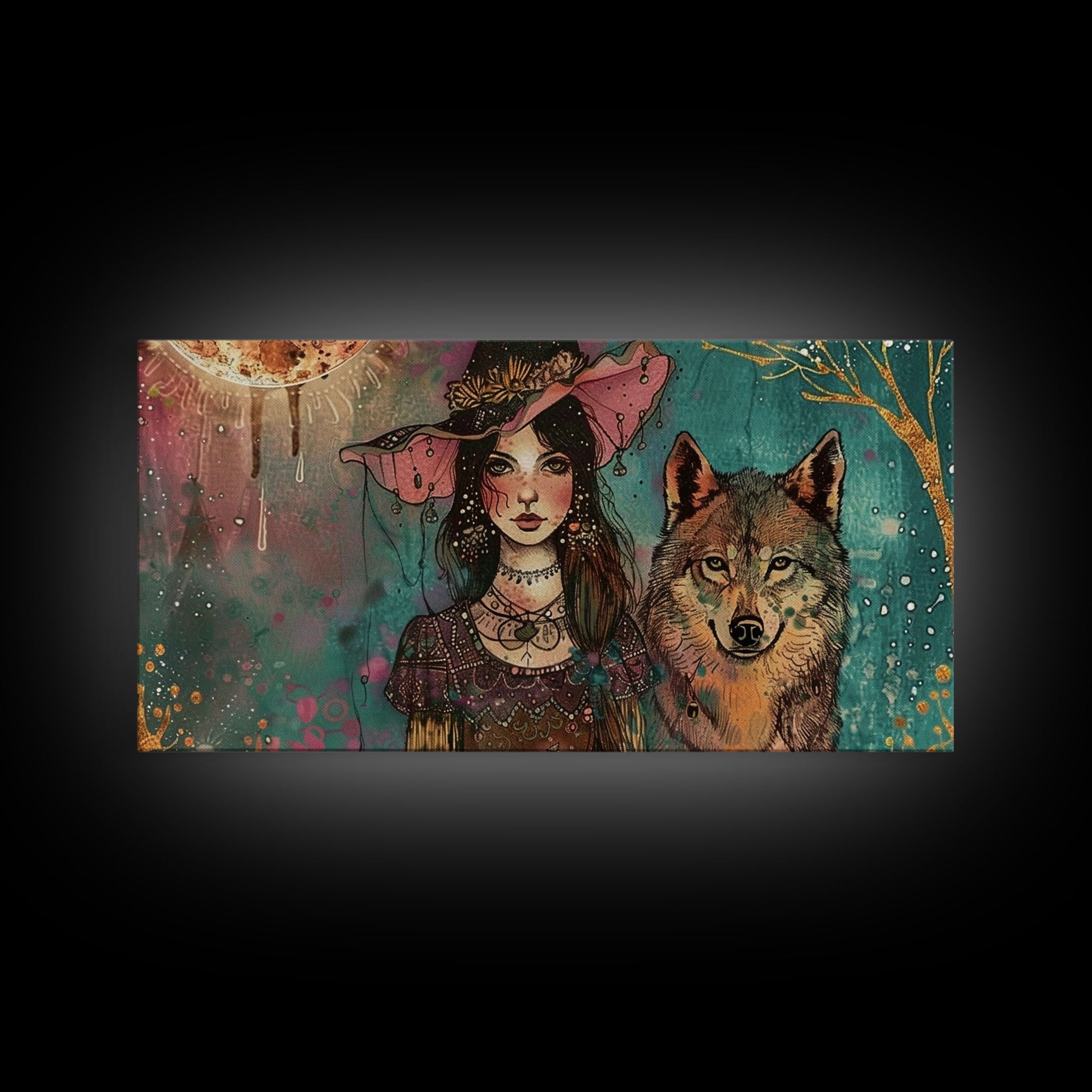 The Witch and The Wolf Familiar, Framed Canvas Print, Halloween Gift, Halloween Props, Halloween Wall Art