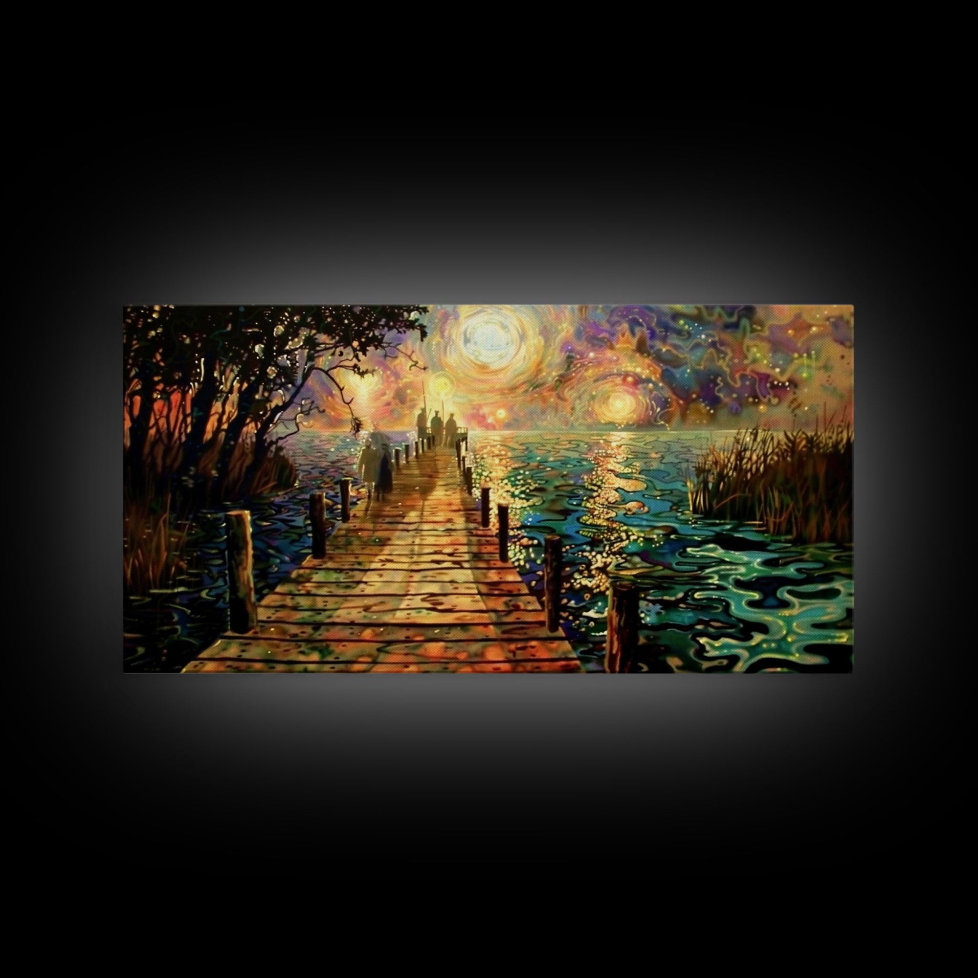 Starry Night Inspired Haunted Ghostly Docks At Night, Framed Canvas Print, Halloween Decor