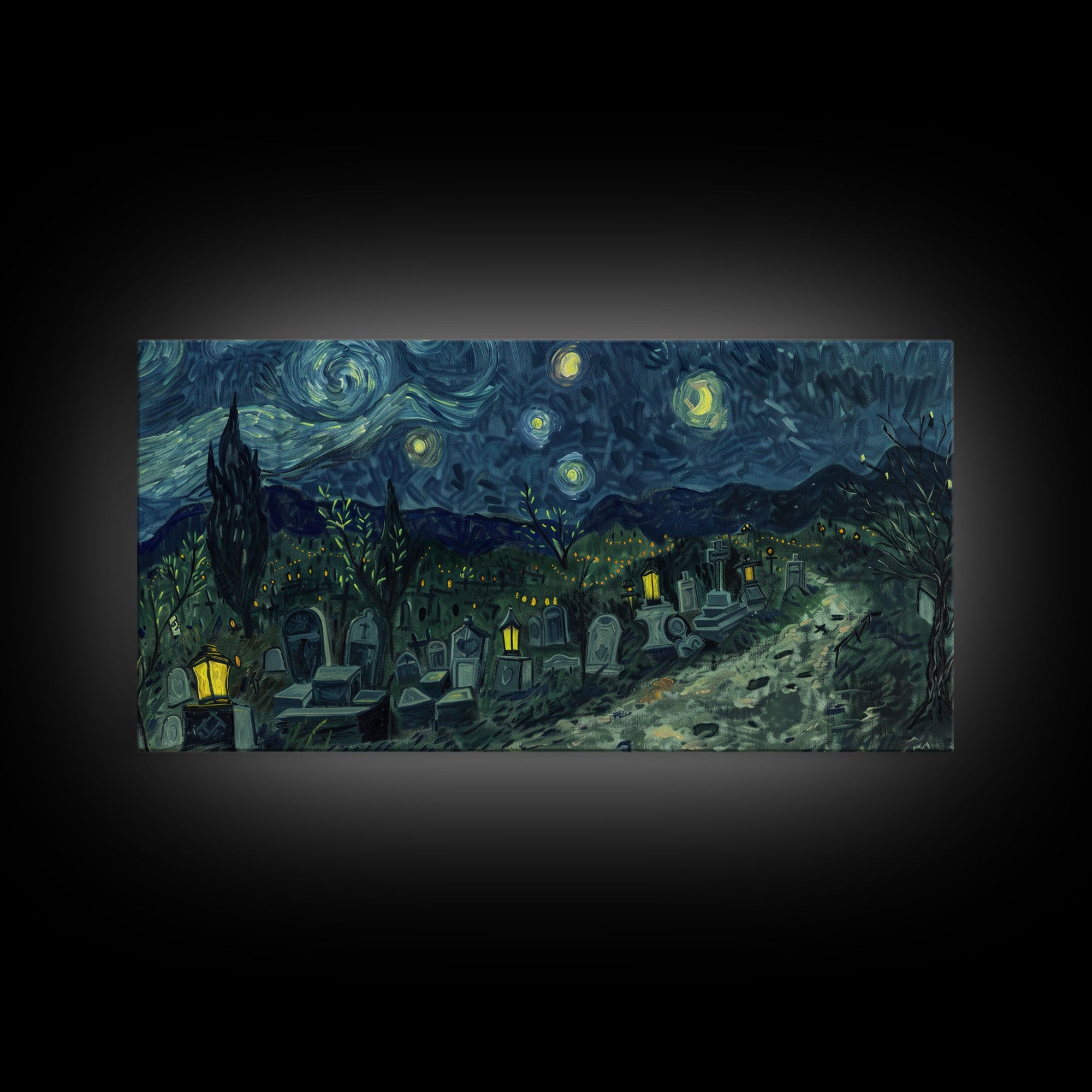 Starry Night Inspired Haunted Cemetery, Framed Canvas Print, Spooky Season Gift Idea, Halloween Decor, Halloween Prop