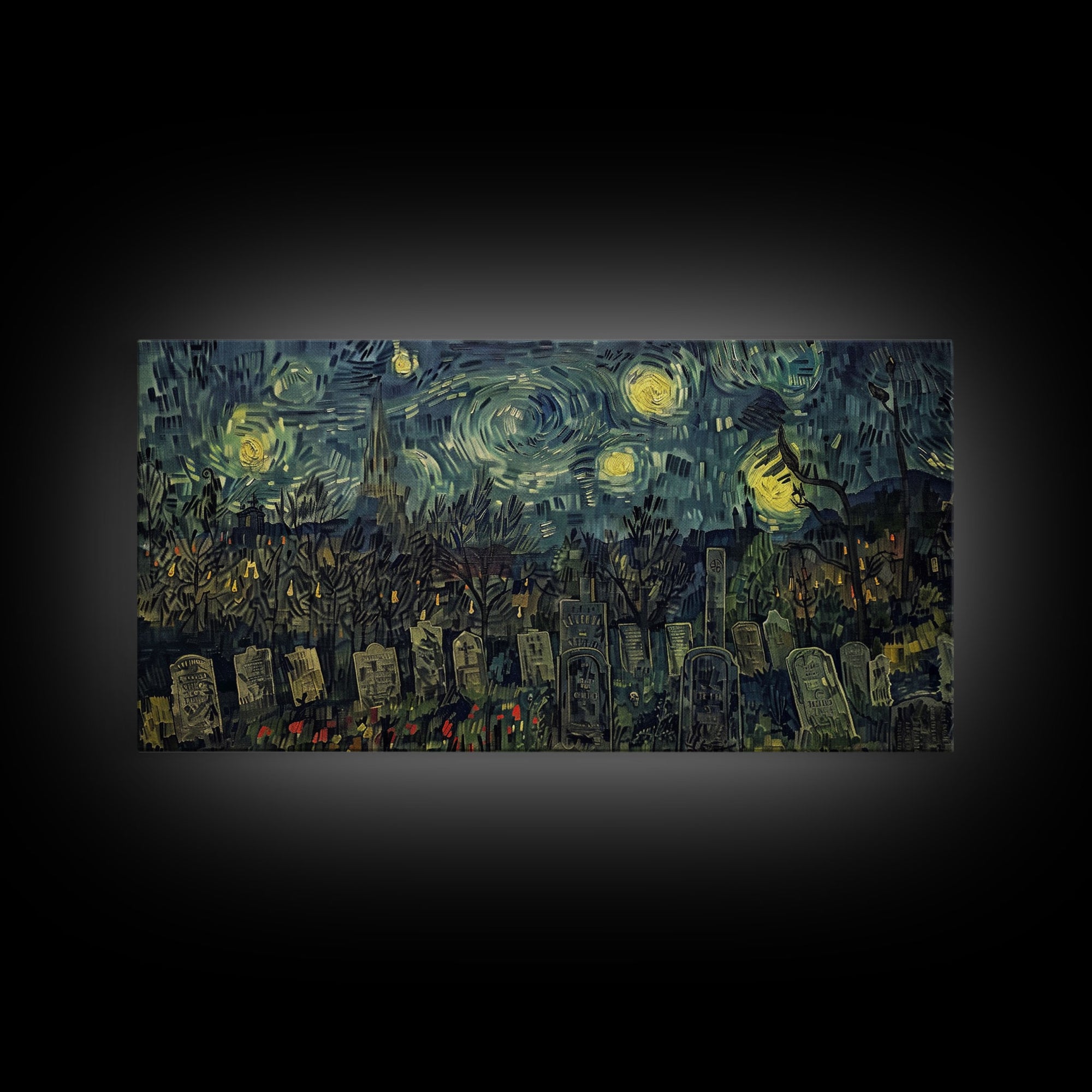 Starry Night Inspired Haunted Cemetery, Framed Canvas Print, Spooky Season Gift Idea, Halloween Decor, Halloween Prop