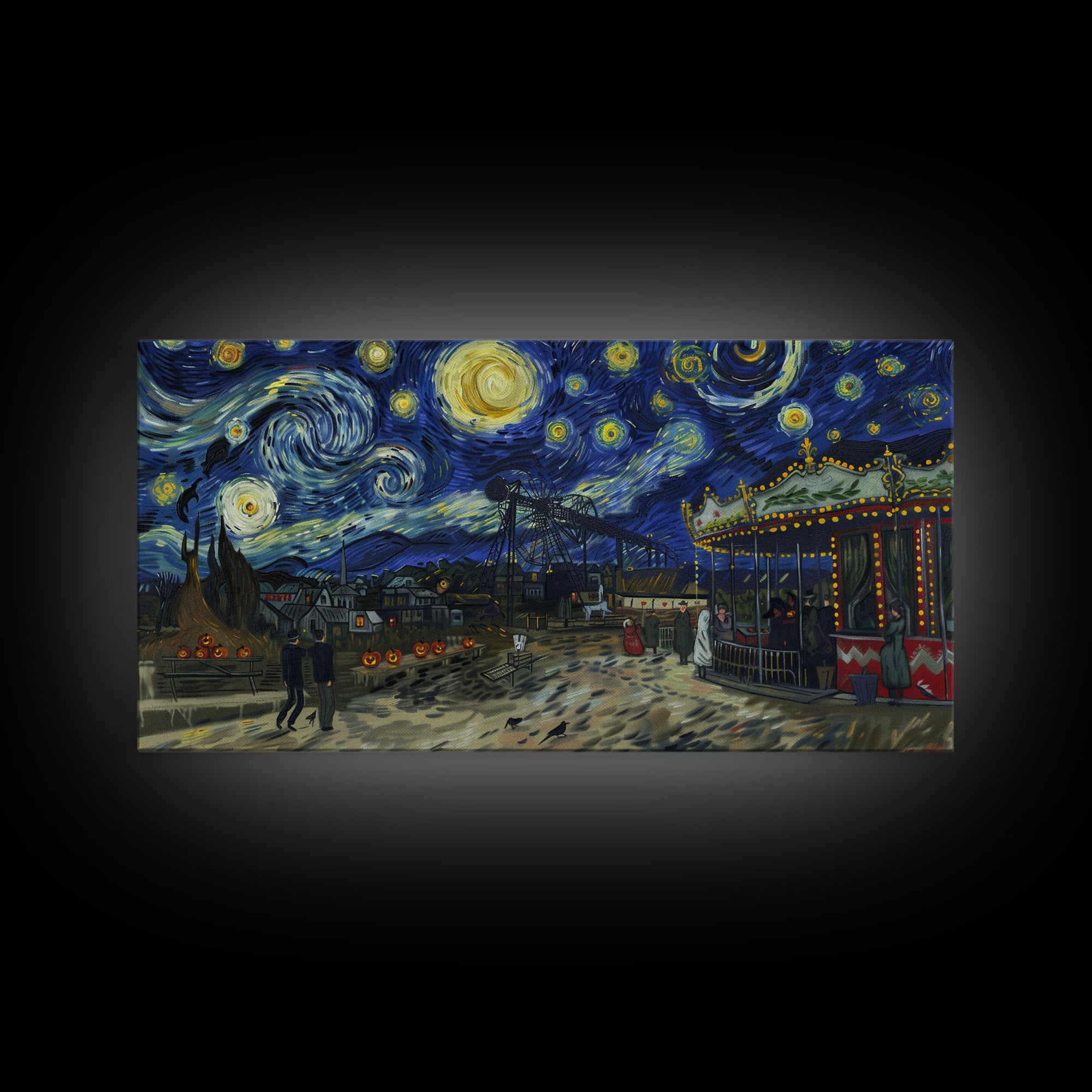 Spooky Haunted Carnival, Framed Canvas Print, Starry Night Inspired Spooky Season Wall Art, Halloween Prop