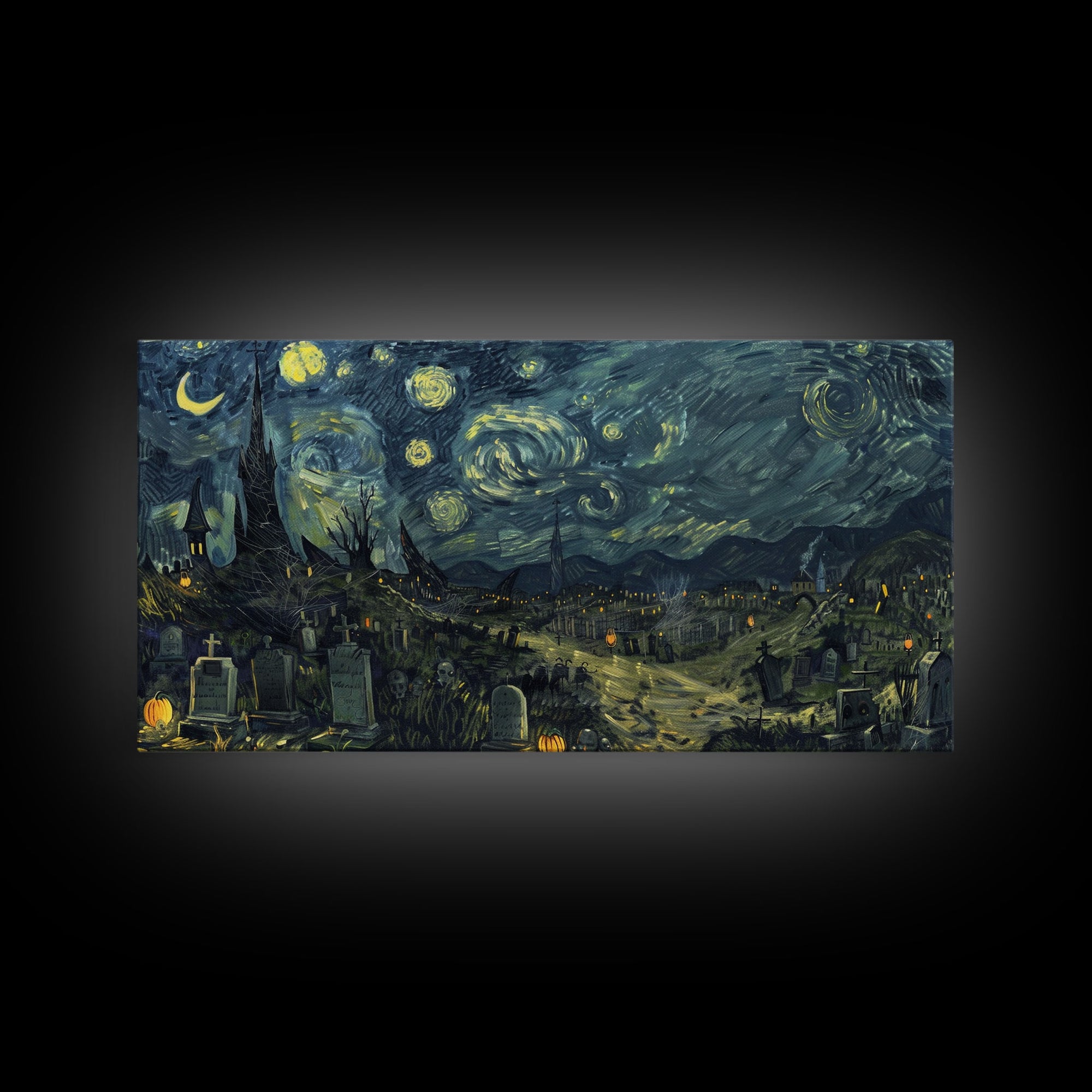 Starry Night Inspired Haunted Cemetery Framed Canvas Print, Halloween Wall Decor, Art Prints, Creepy Art