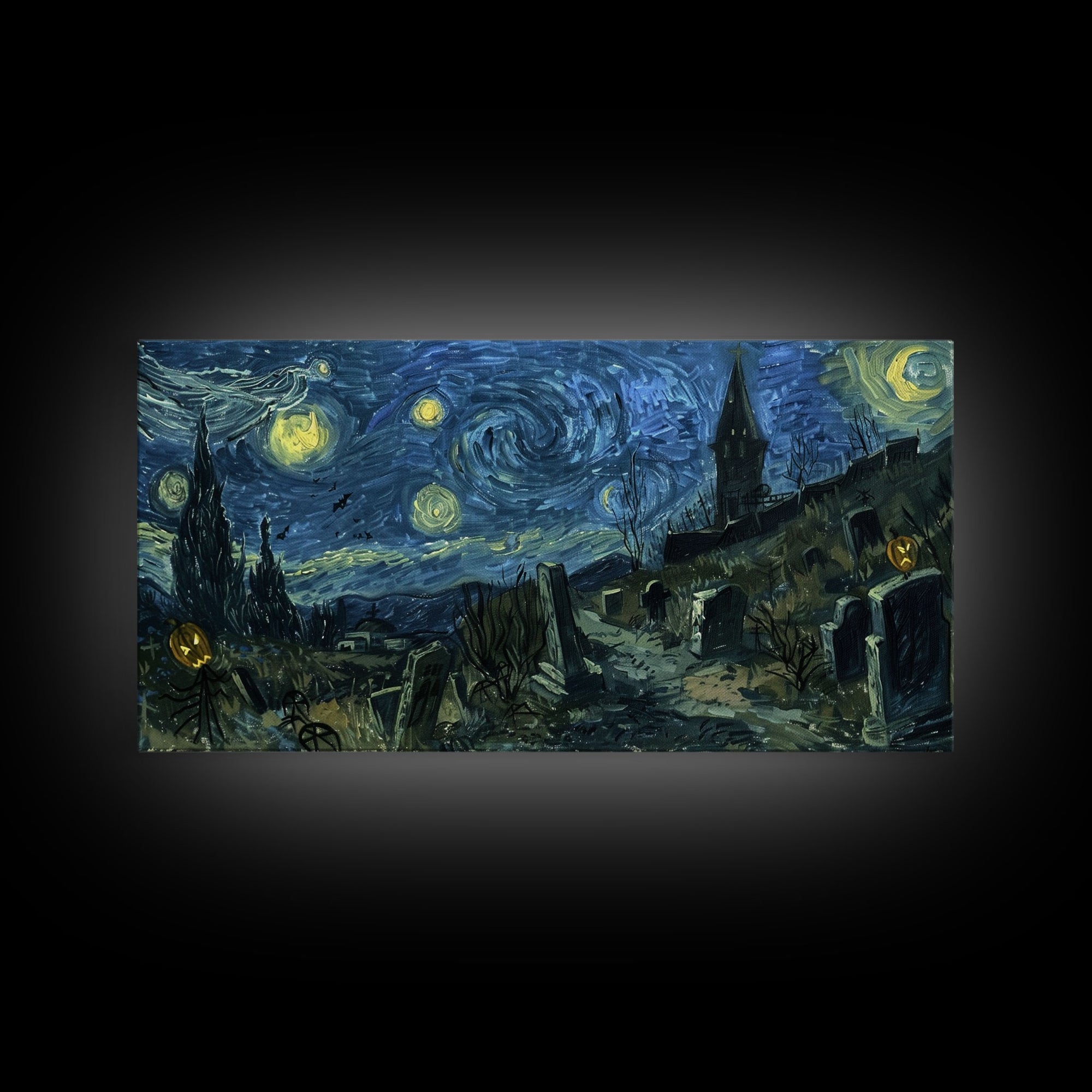 Starry Night Inspired Haunted Cemetery Framed Canvas Print, Halloween Wall Decor, Art Prints, Creepy Art, Spooky Vibes