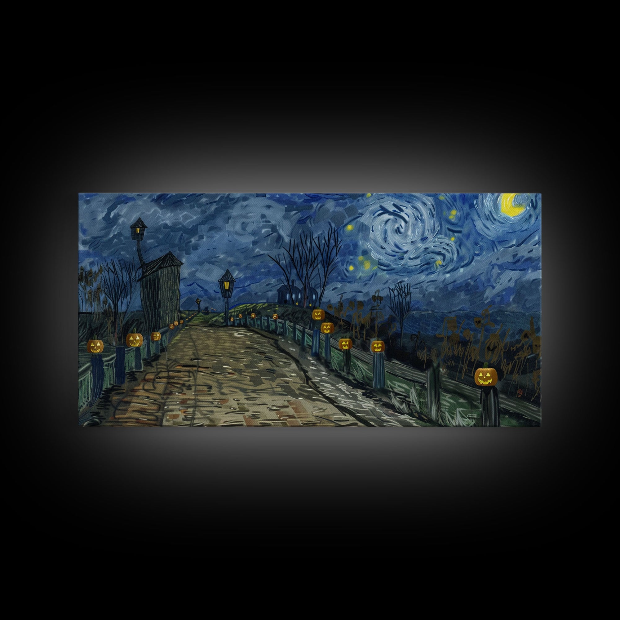 The Haunted Bridge, Framed Canvas Print, Spooky Home Decor, Starry Night Inspired