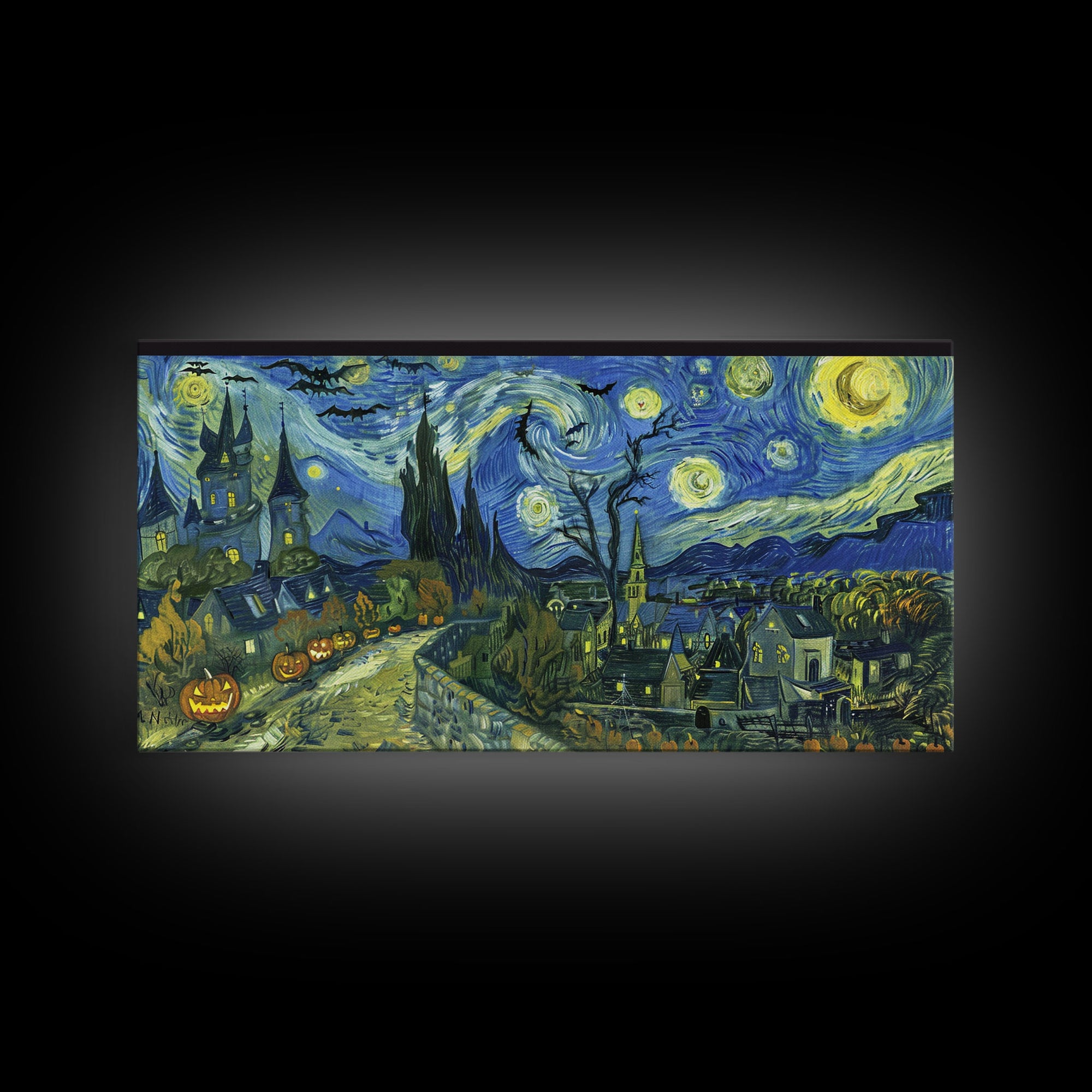 Spook Vibes Wall Art - Framed Canvas Print - Victorian Era London Starry Night Inspired Spooky Month Decor