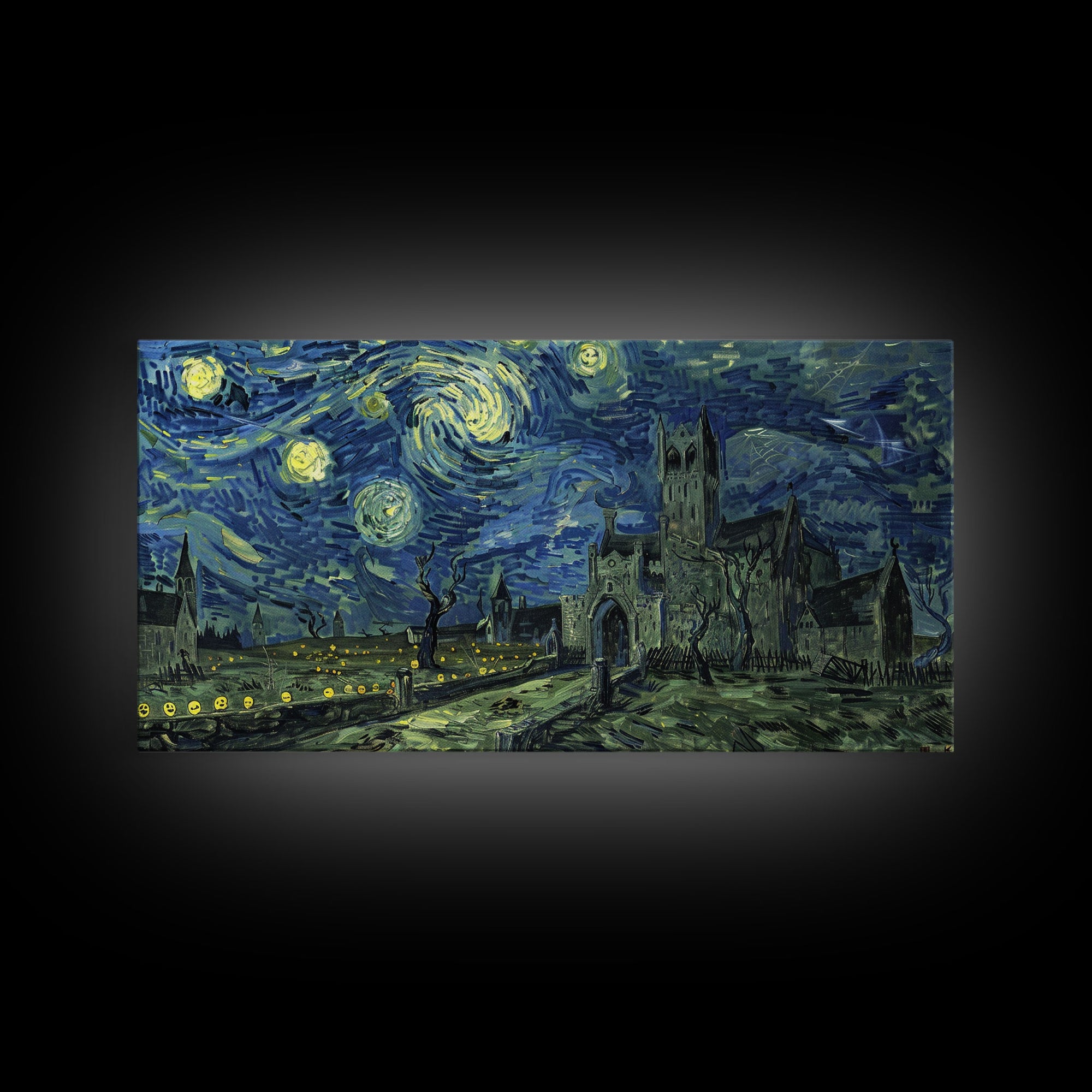 The Haunted Castle - Framed Canvas Print - Halloween Decor - Starry Night Inspired Dark Academia Halloween Wall Art